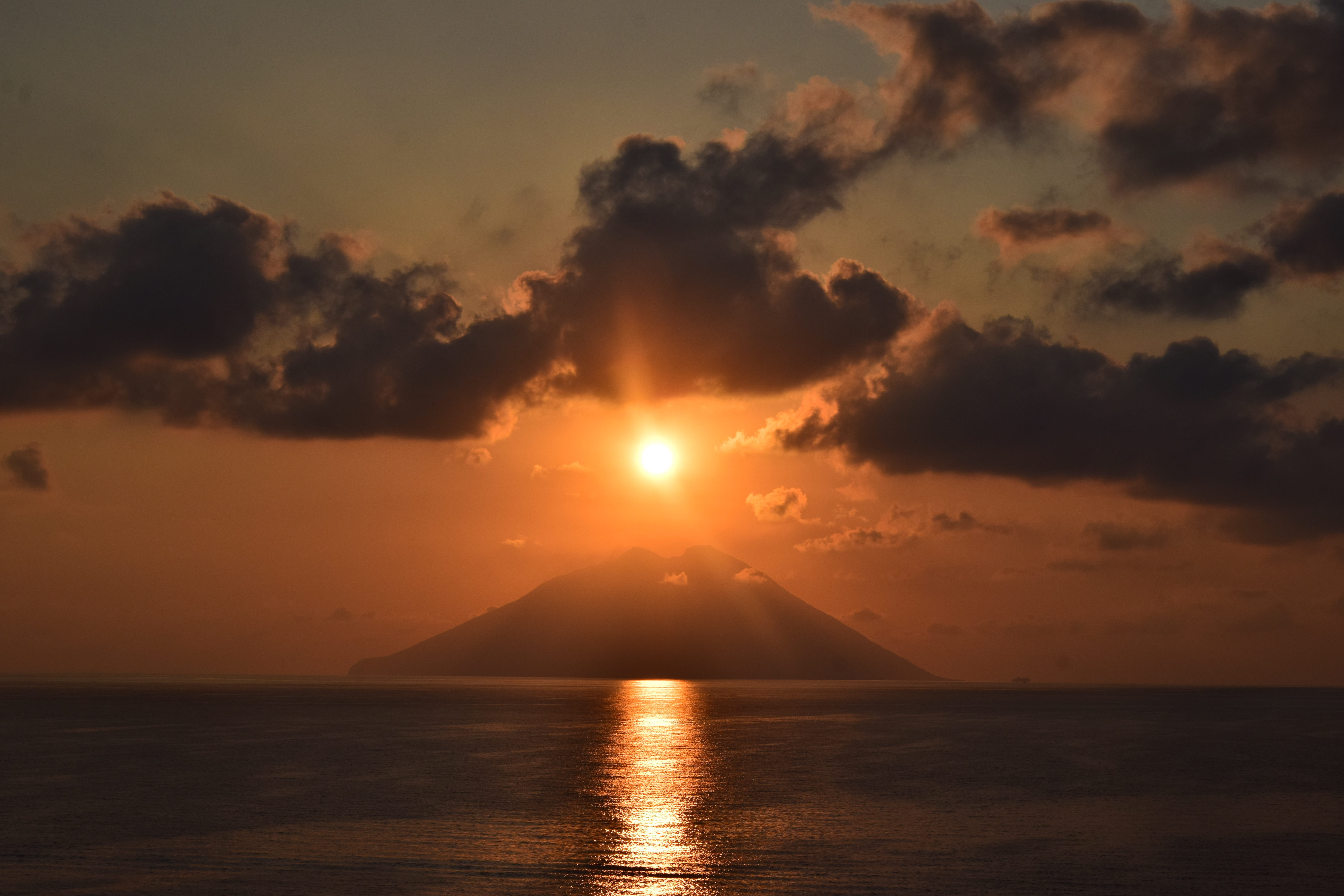 home day, photo, scenics - nature, sun, idyllic, horizon, dawn, horizon over water, reflection, orange color, tranquil scene, mountain, sunset, distant, HD Wallpaper