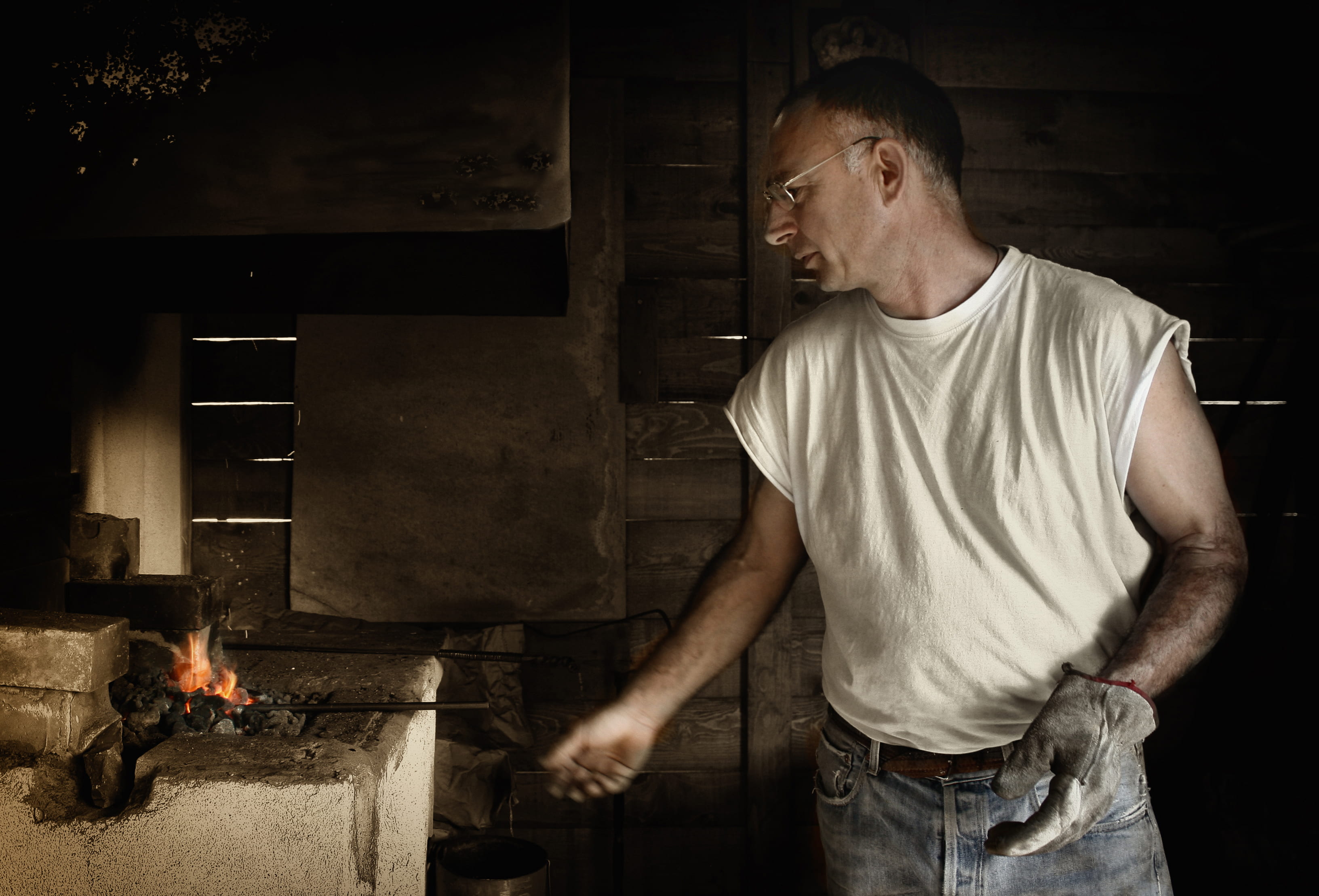 2K, forge, fire, food and drink, blacksmith, waist up, standing, men, flame, sleeveless, males, middle age, heat - temperature, preparation, burner, one person, HD Wallpaper