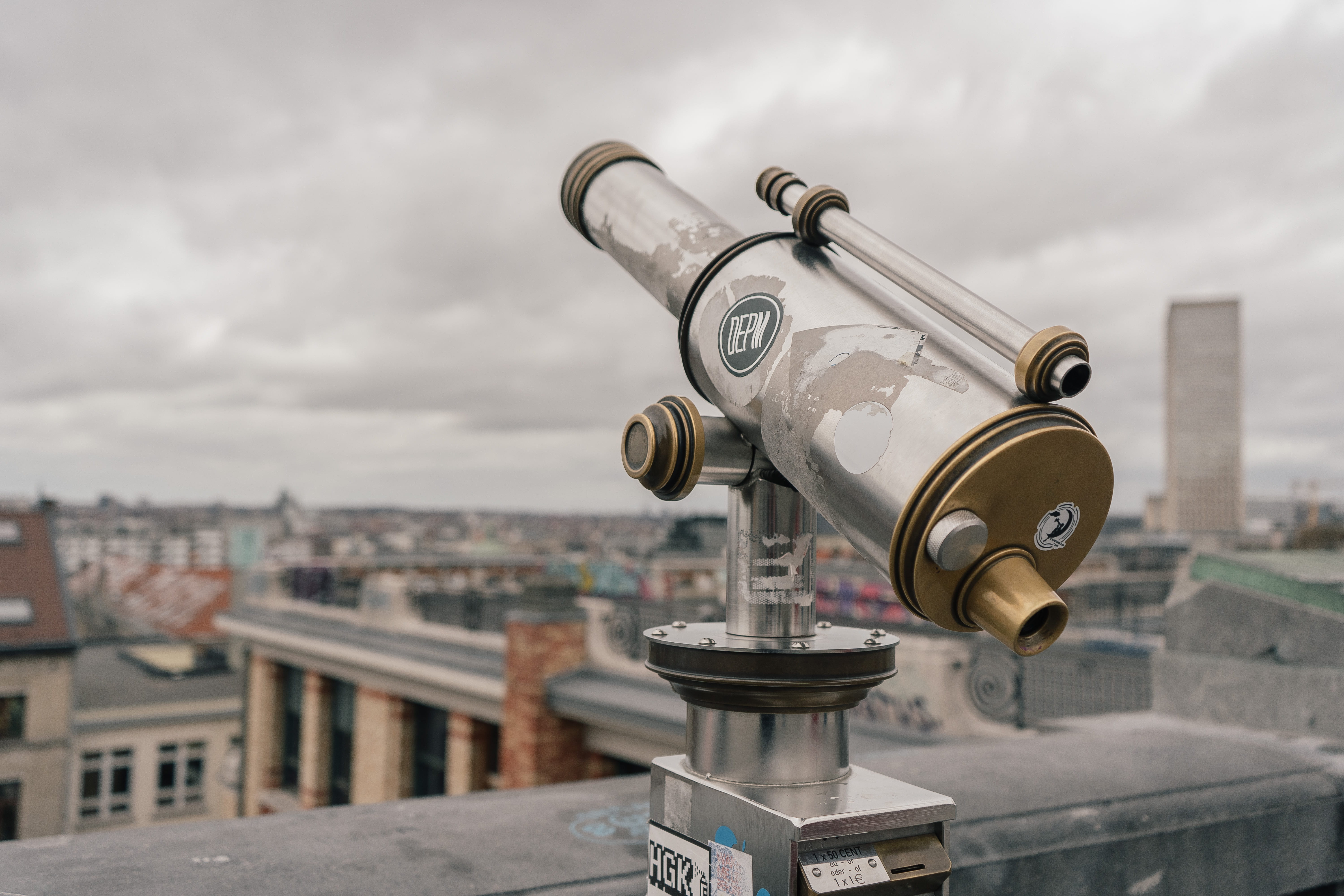 city center, sky, skyline, coin-operated binoculars, no people, technology, surveillance, banister, photo, binoculars, city, focus on foreground, cloud - sky, HD Wallpaper