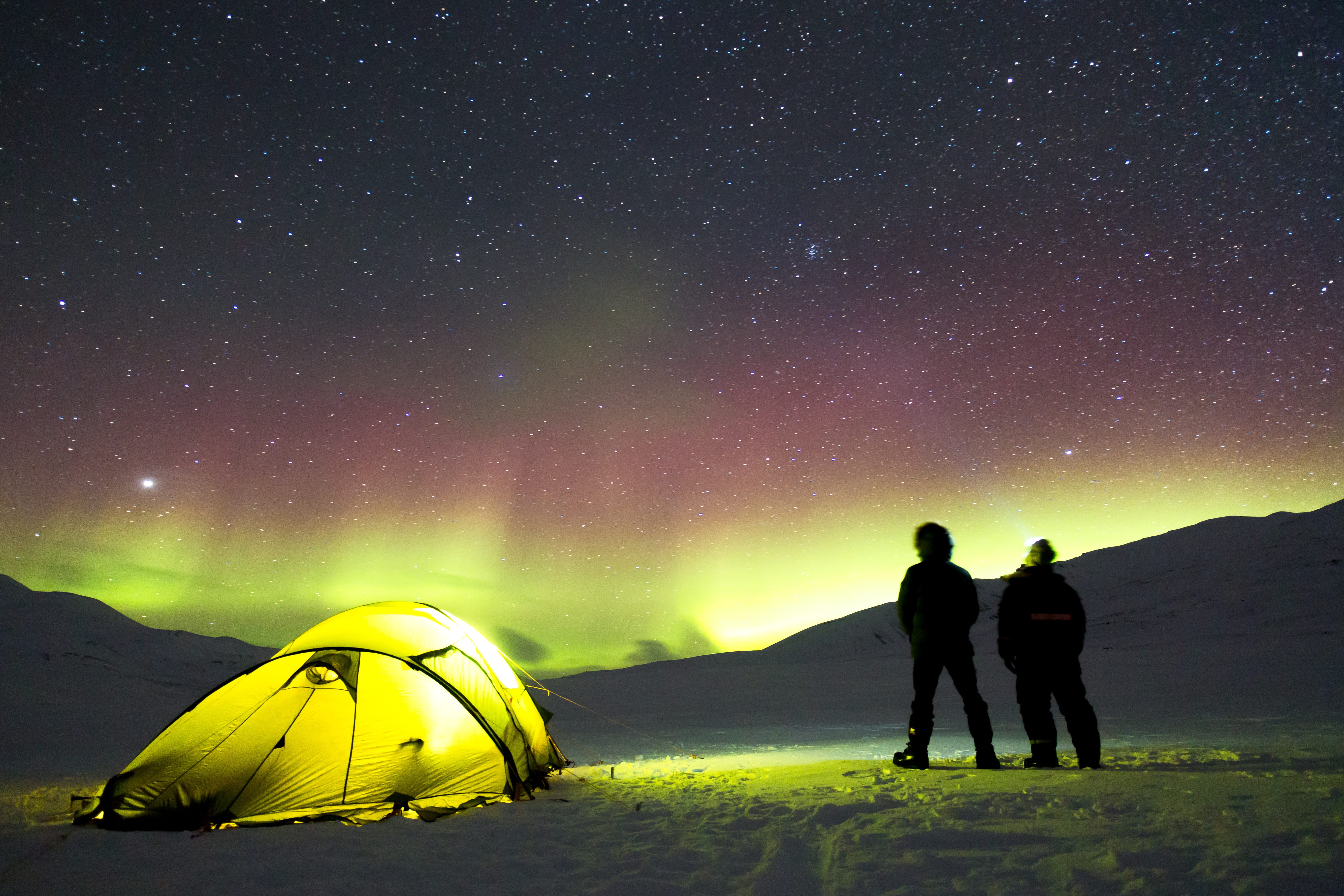 aurora borealis, path, standing, serenity, outdoors, scenics - nature, space, relaxation, yellow, milky way, galaxy, market, 5K, tent, leisure activity, HD Wallpaper