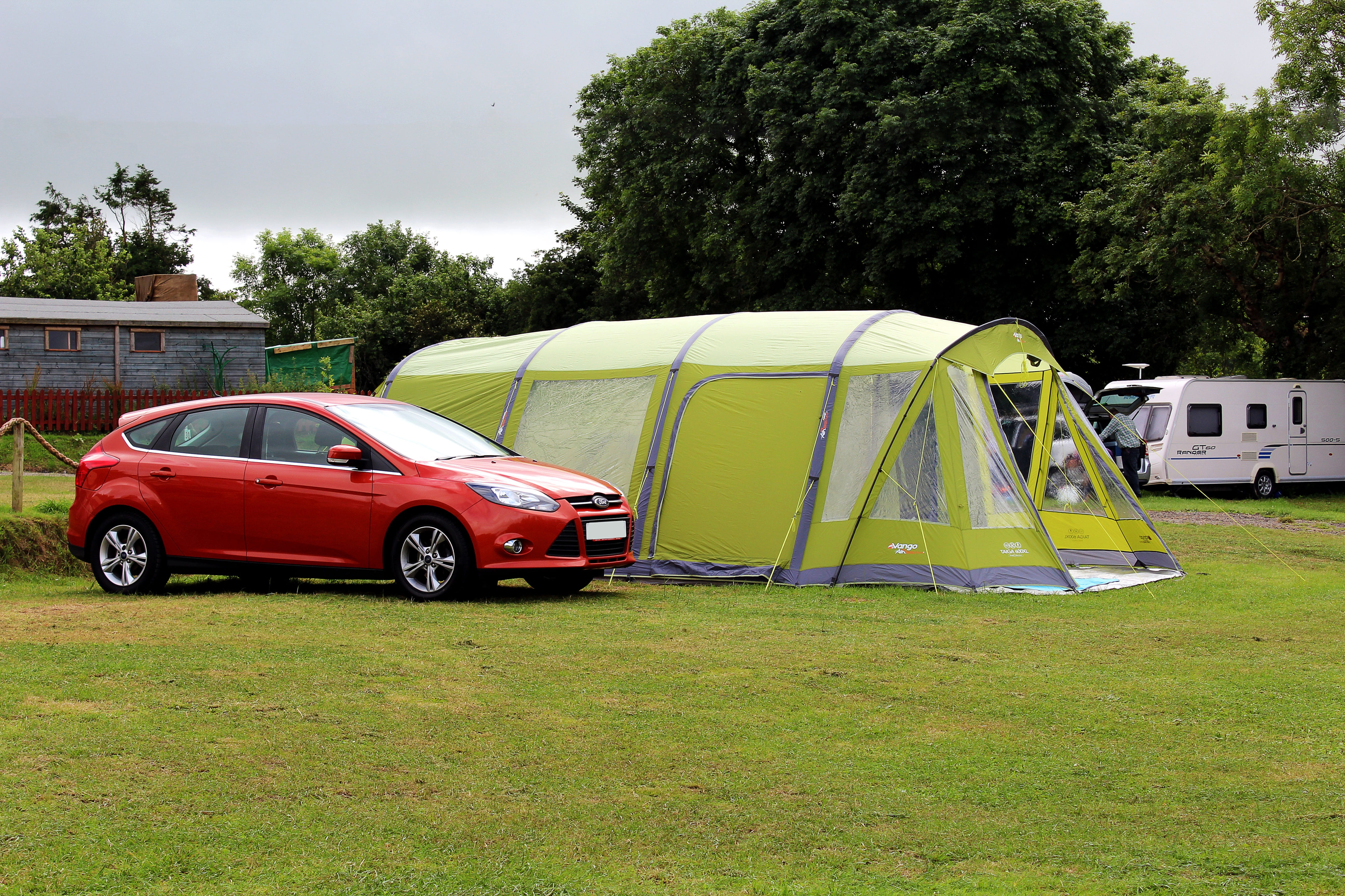 ford focus, holiday, growth, motor vehicle, camping, outdoors, vango tent, large tent, day, field, transportation, architecture, west wales, car, land, HD Wallpaper