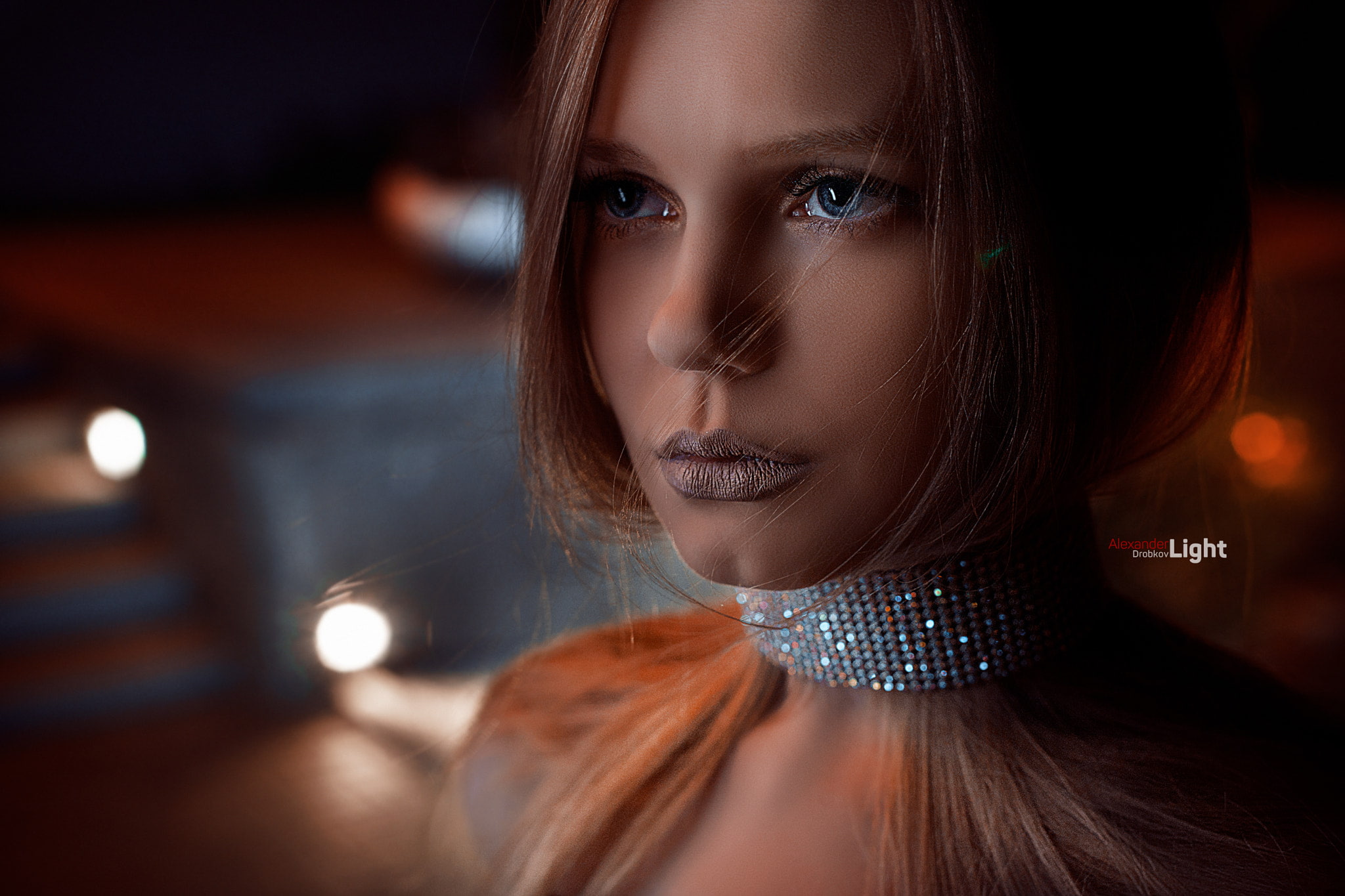 women, collars, depth of field, 1080P, portrait, blue eyes, Alexander Drobkov, face, HD Wallpaper