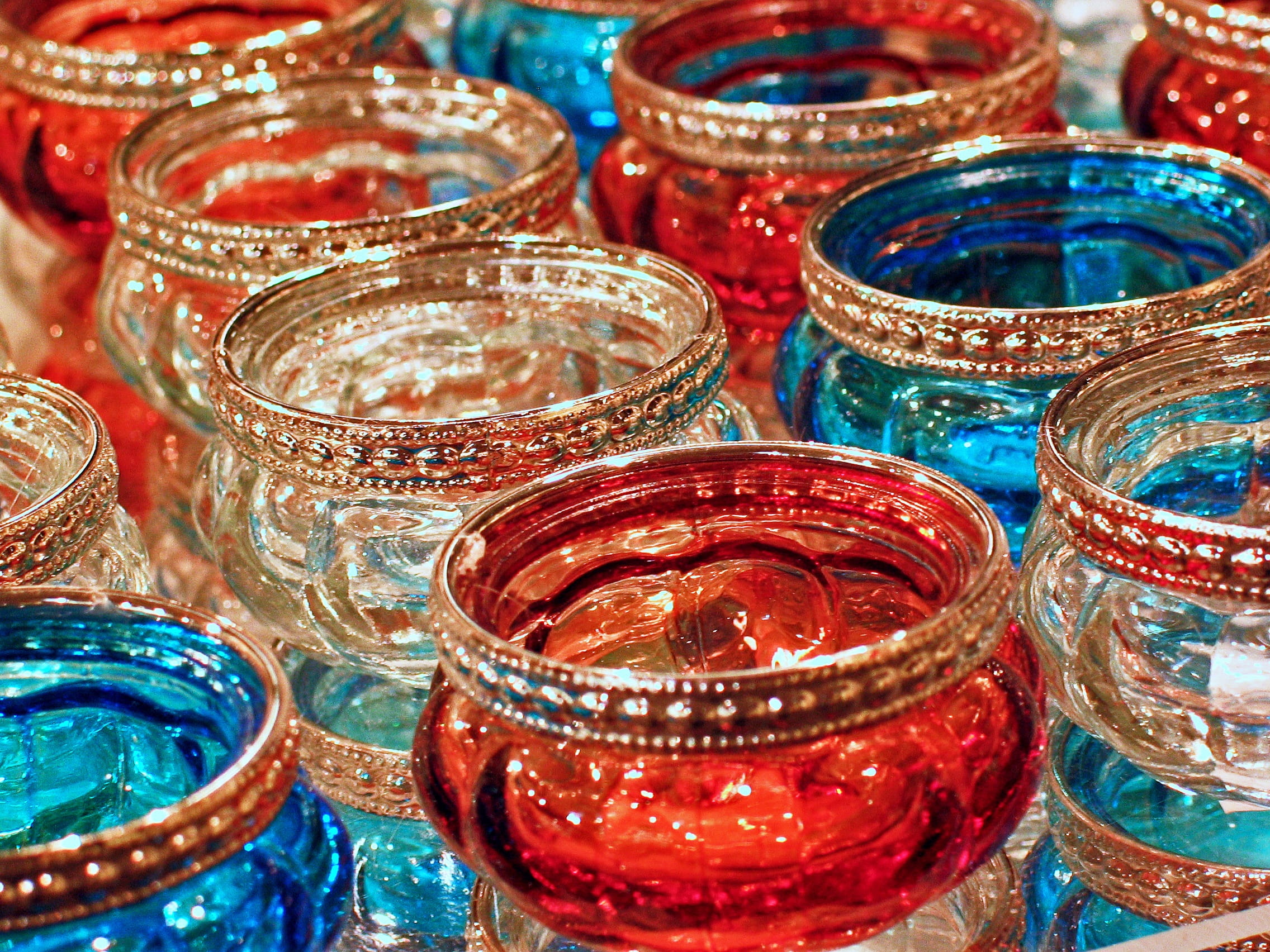 indoors, decoration, burn, red, abundance, variation, market, windlight, glass, close-up, 1080P, multi colored, focus on foreground, romantic, container, HD Wallpaper