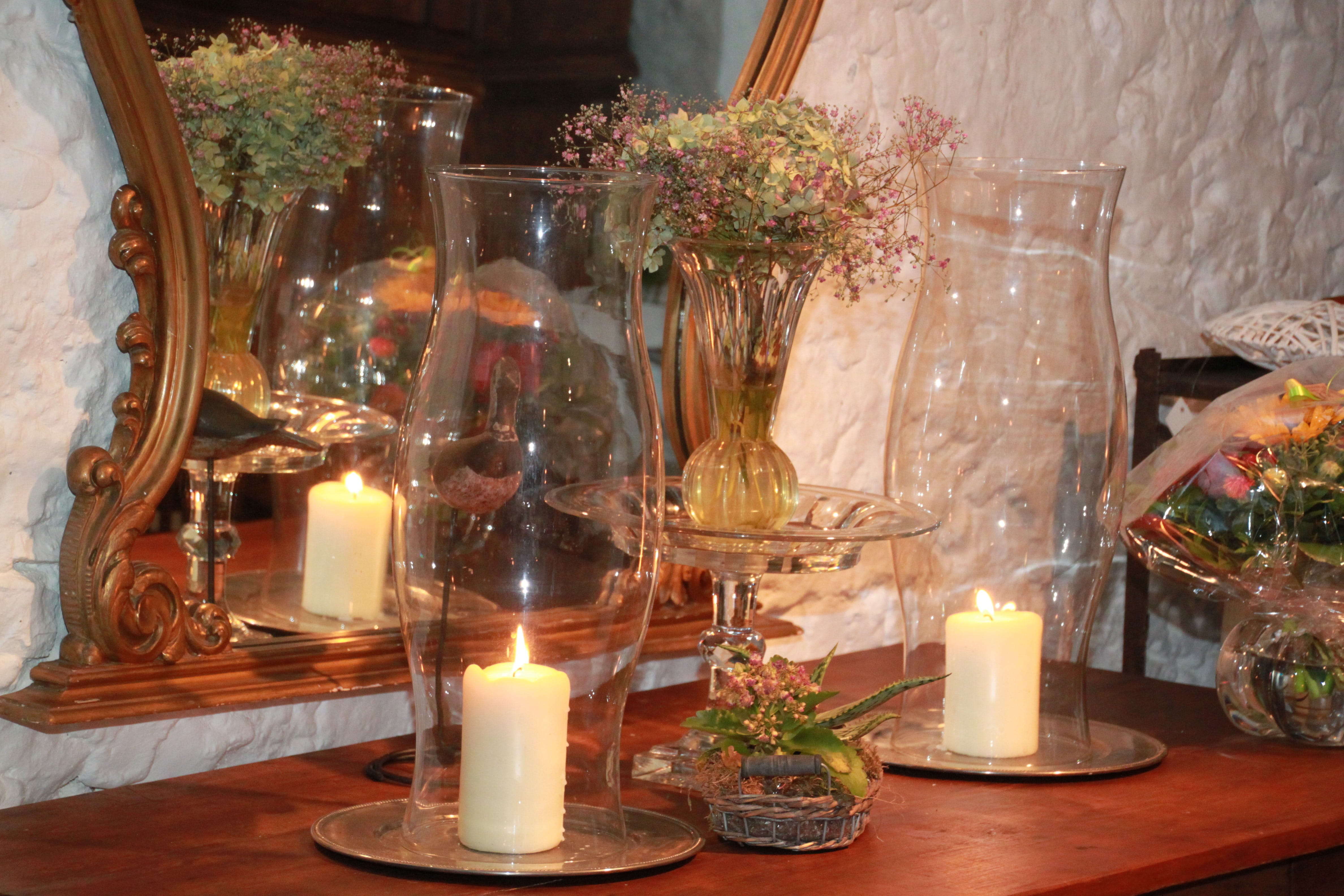 flame, cozy, container, deco, illuminated, 4K, heat - temperature, tea light, flowers, glasses, antique, table, glass - material, close-up, burning, glowing, HD Wallpaper