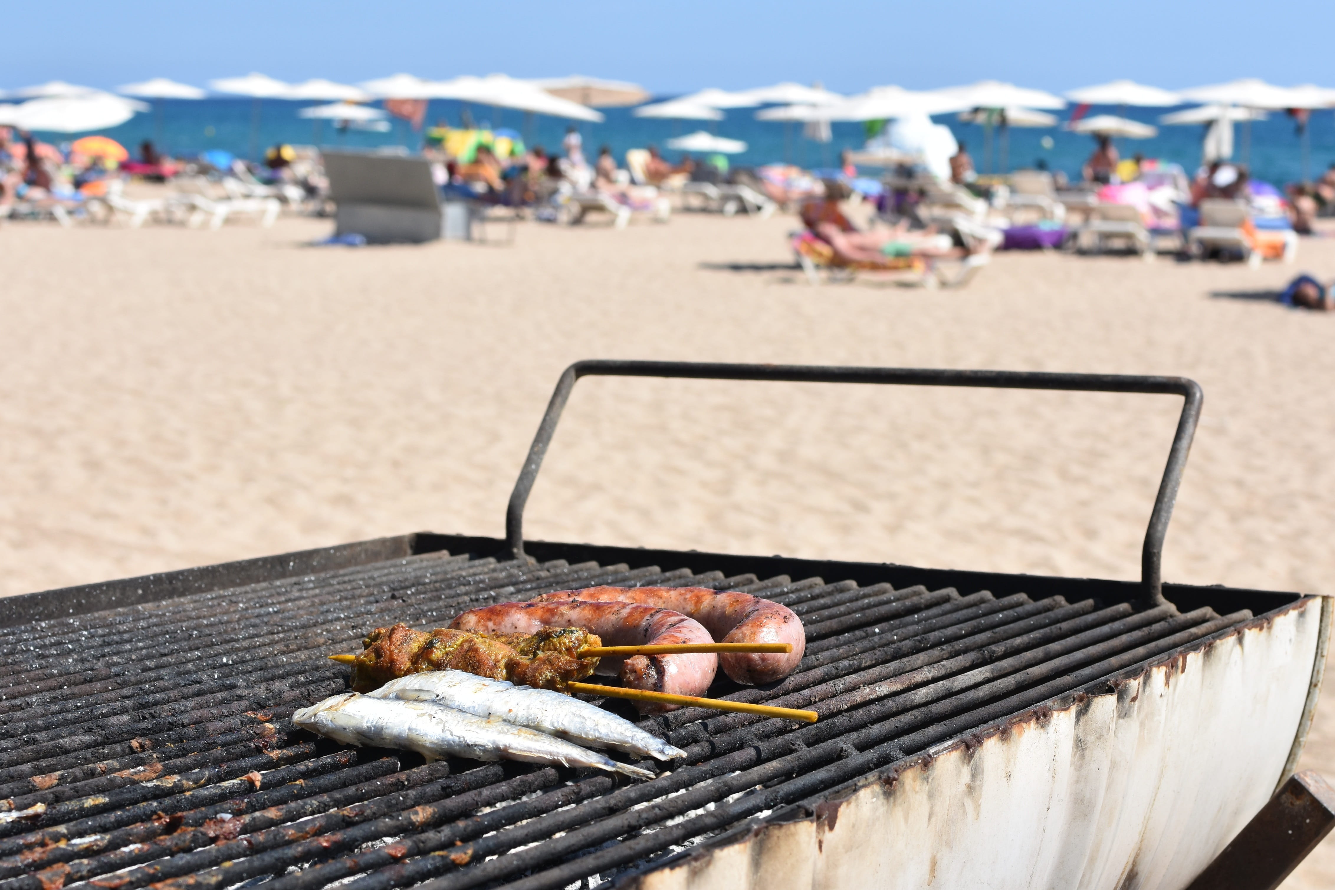 nature, food, healthy eating, barbecue, Sausage, freshness, Beach, preparation, grilling, land, close-up, grilled, Power Supply, day, sunlight, incidental people, HD Wallpaper