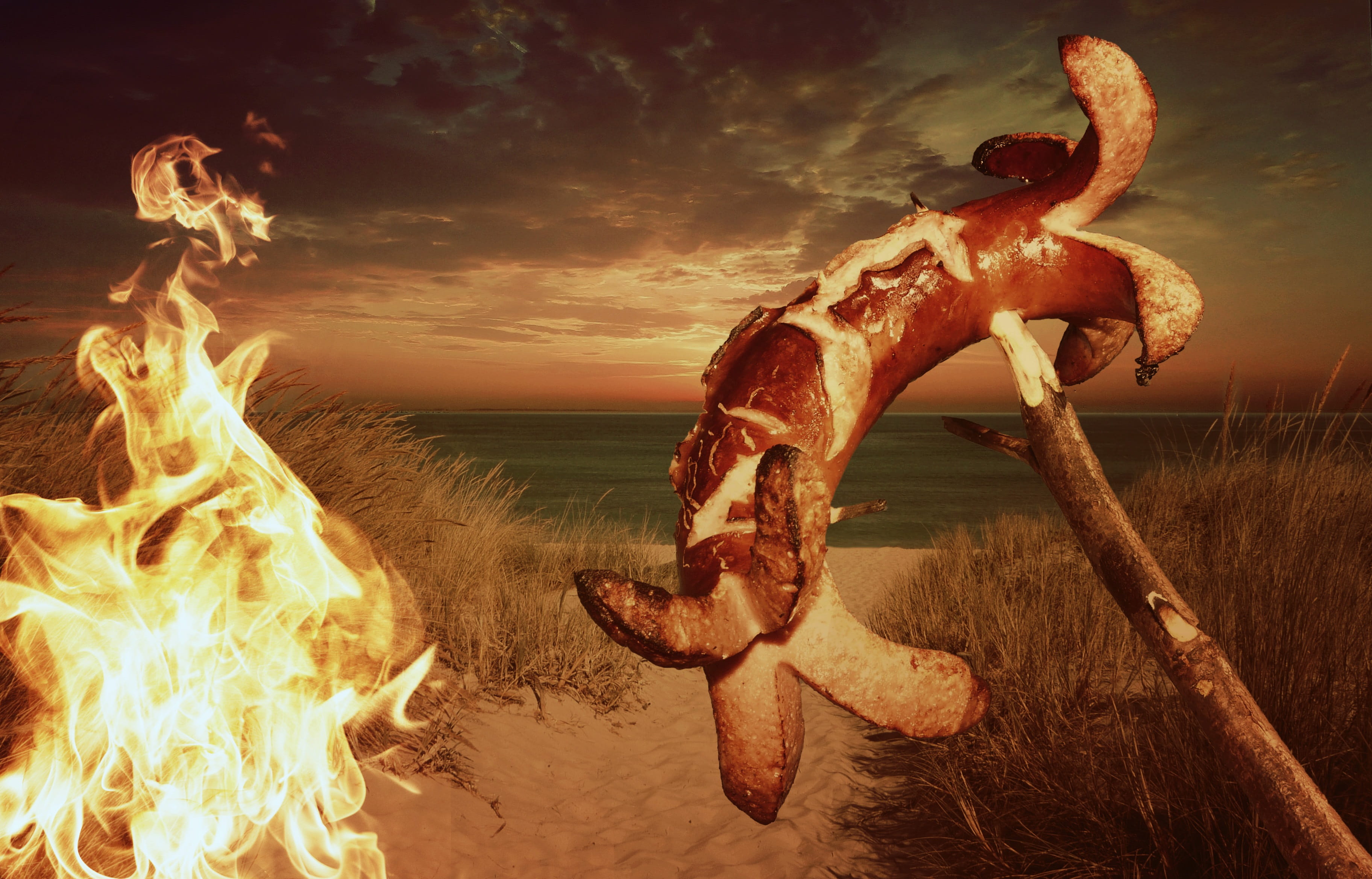 Barbecue, sky, sunset, sea, nature, wood - material, Campfire, near, no people, horizon over water, 2K, hotdog, cloud - sky, close-up, night, flame, fire, HD Wallpaper