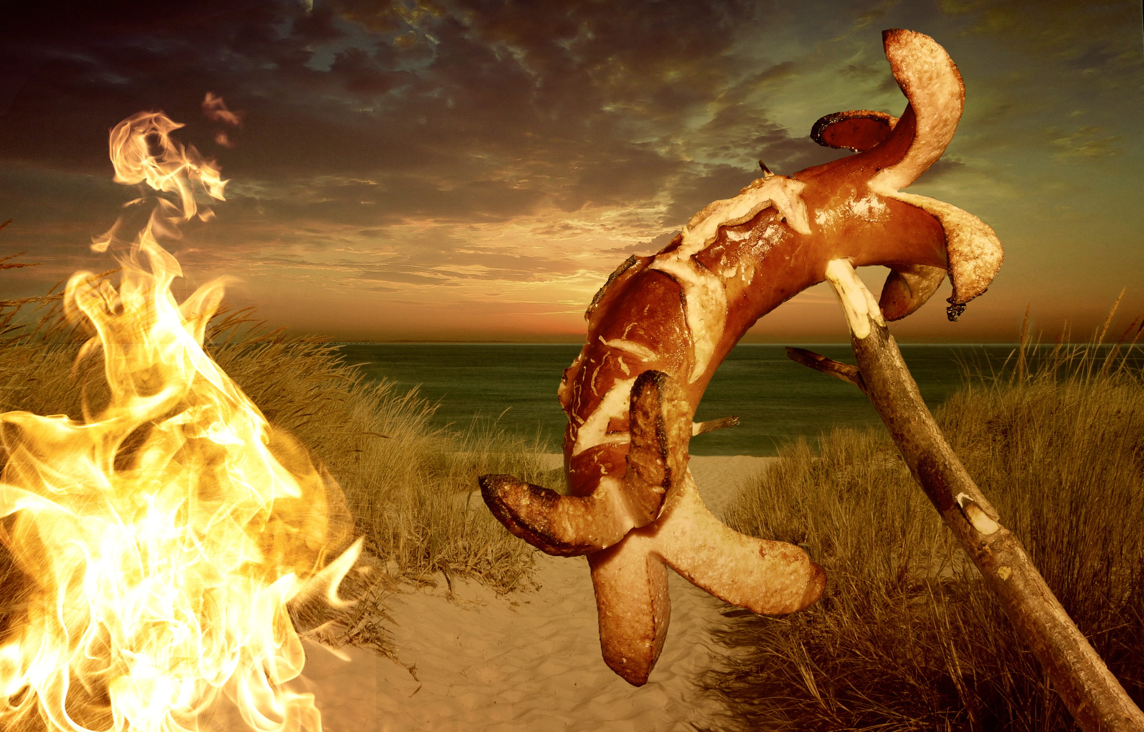 night, sand, Fried, wood - material, sunlight, sea, sunset, water, outdoors, close-up, motion, representation, fire, flame, no People, cloud - sky, art and craft, HD Wallpaper