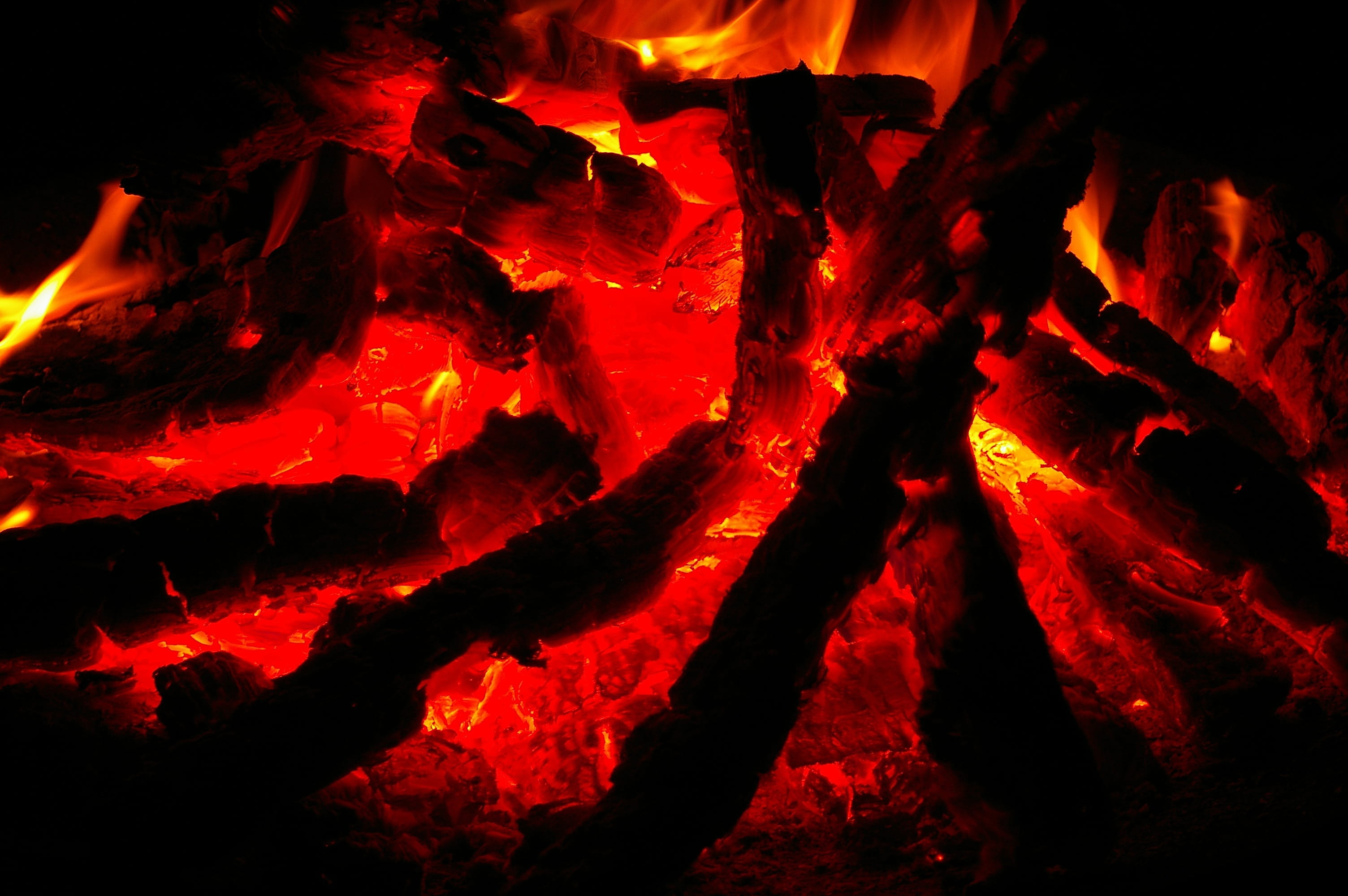 Hot, nature, fire - natural phenomenon, heat - temperature, at night, geology, summer, close-up, carbon, power in nature, full frame, charcoal, fire, orange color, HD Wallpaper