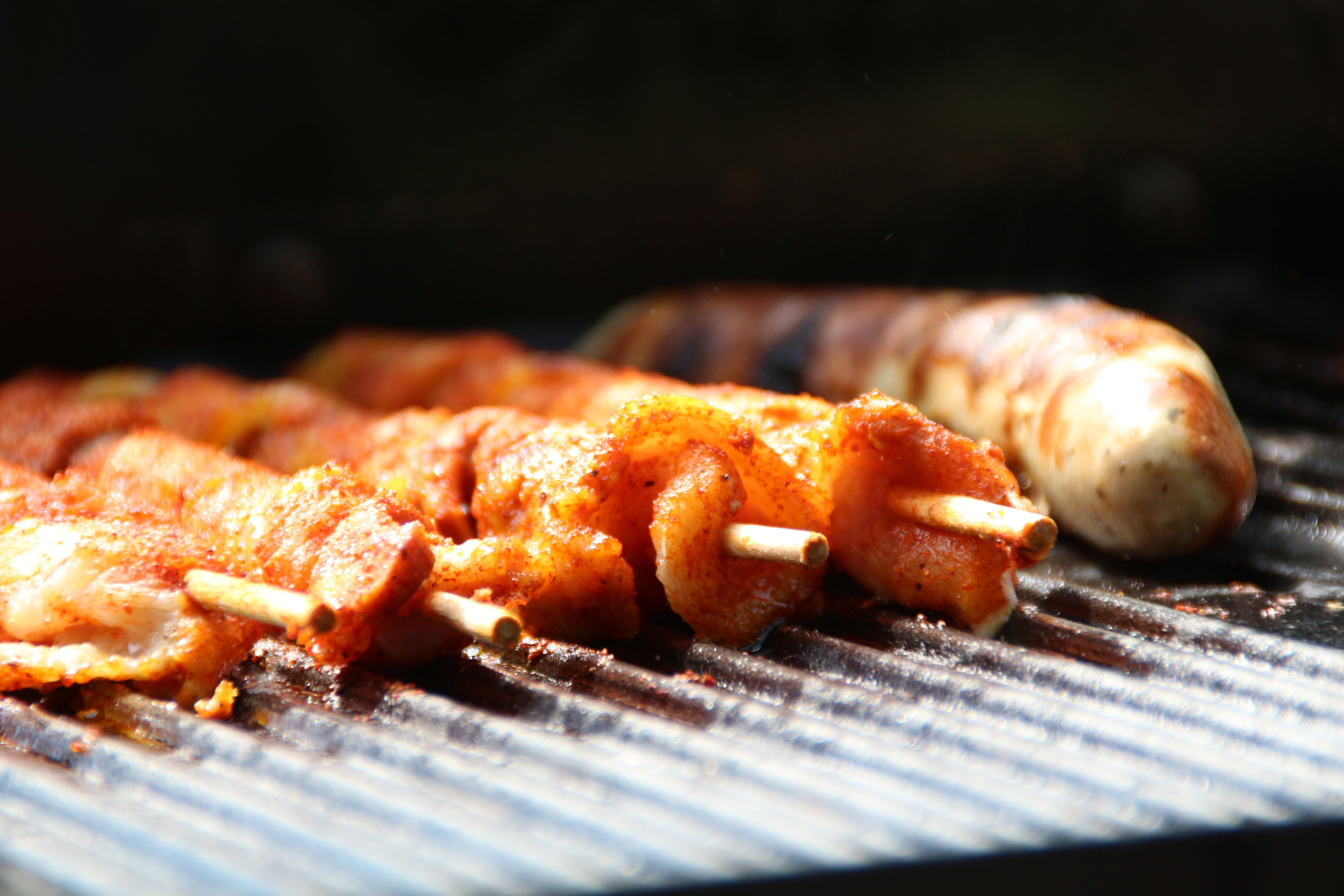 temptation, indulgence, meal, snack, fried, still life, food, 5K, sunlight, dinner, wood - material, freshness, meat, black background, pork belly, grilled, HD Wallpaper