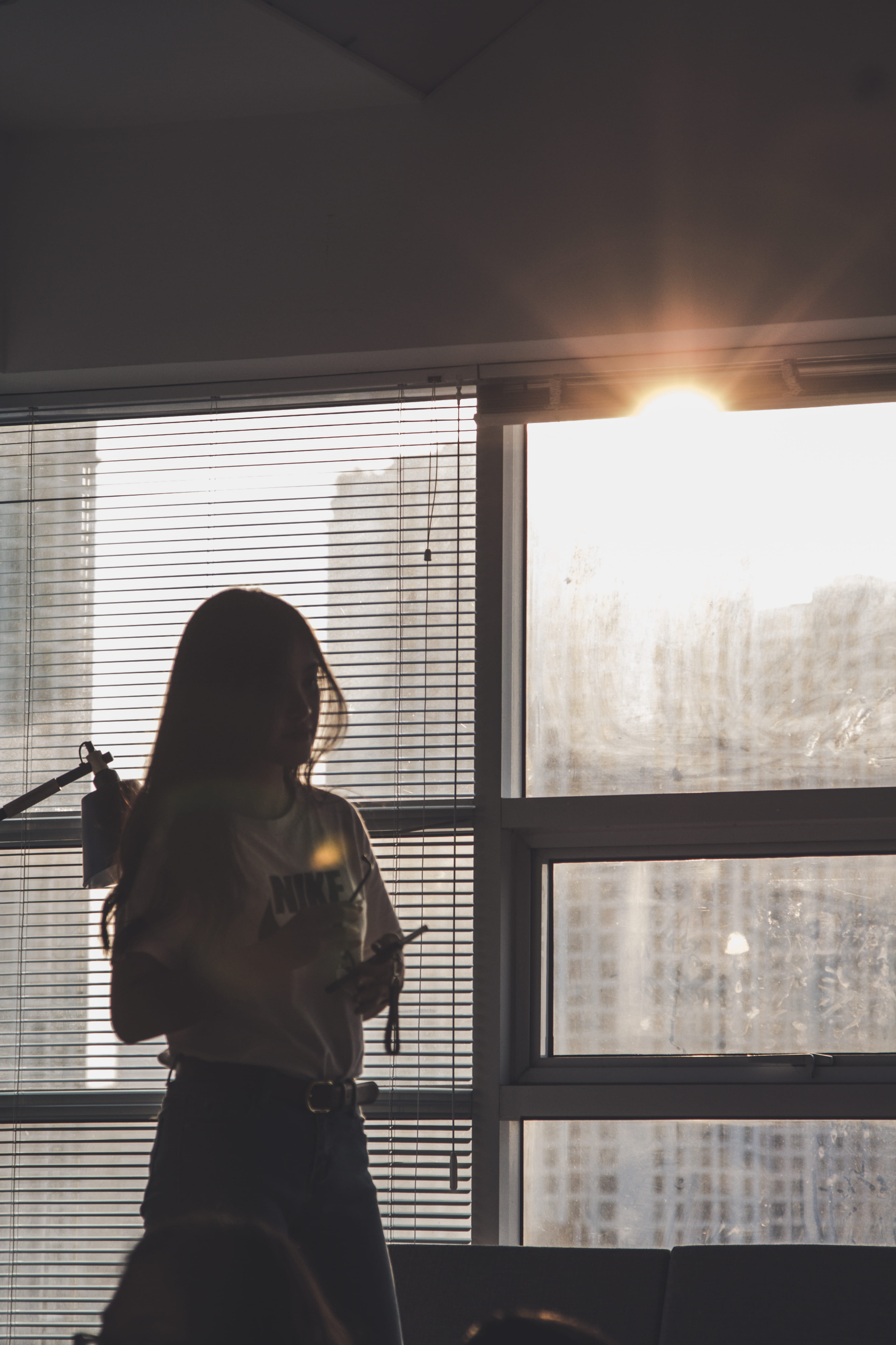 hour, curtain, hairstyle, photography, one person, handrail, sunset, sleeve, real people, leisure activity, grille, sunbeam, transparent, glass - material, Phone HD Wallpaper