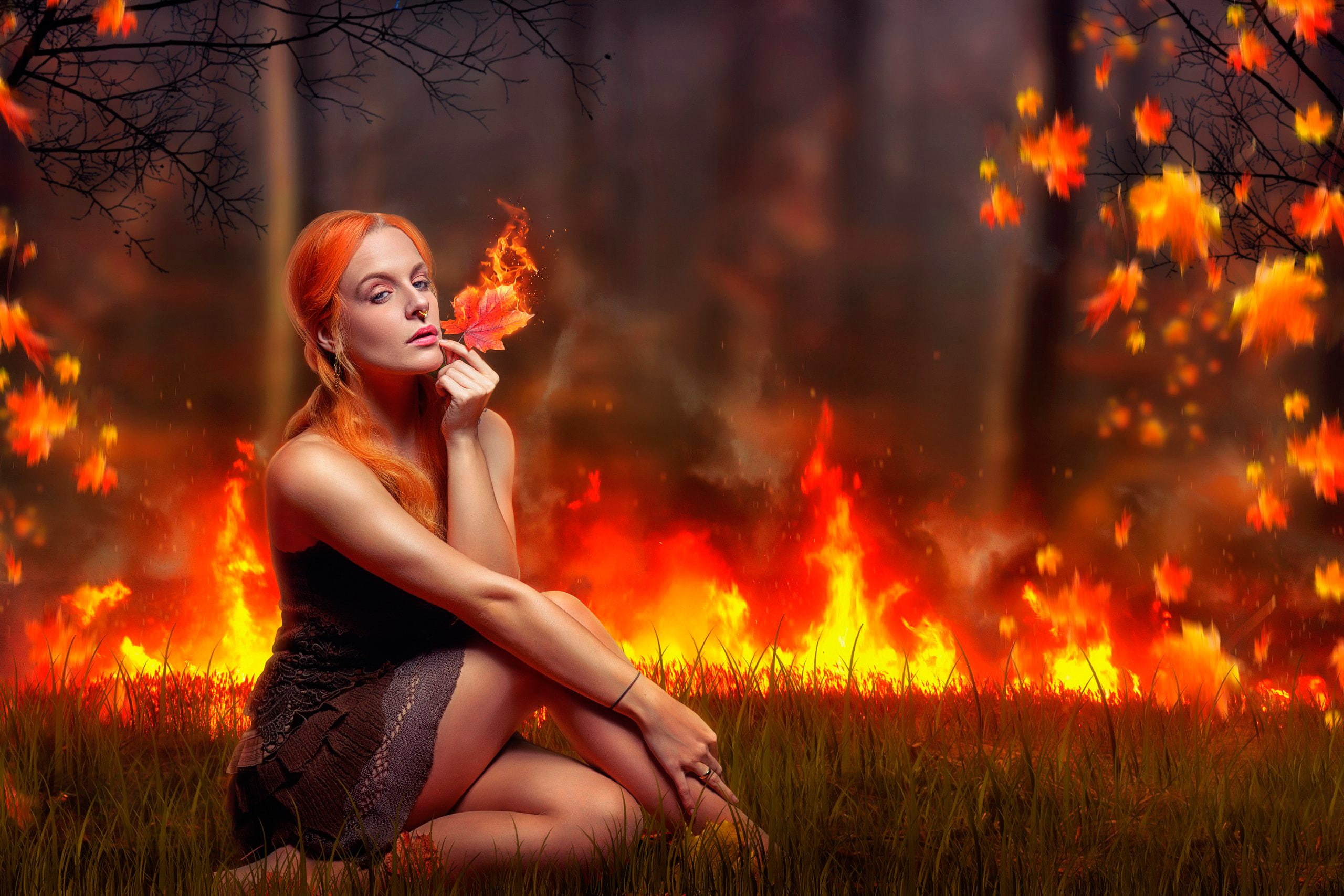 2K, women outdoors, fantasy art, fire, sitting, women, model, nose rings, HD Wallpaper