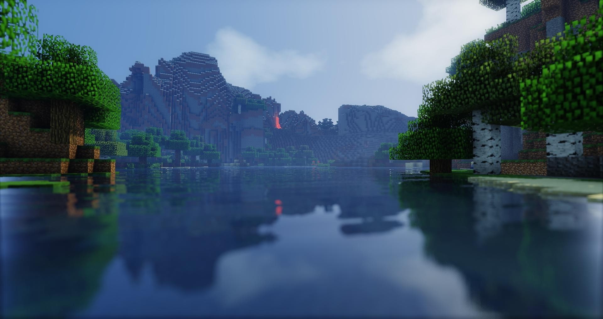 water, no people, lake, city, built structure, Minecraft, waterfront, outdoors, building, day, building exterior, render, reflection, tree, Lava, 1080P, HD Wallpaper
