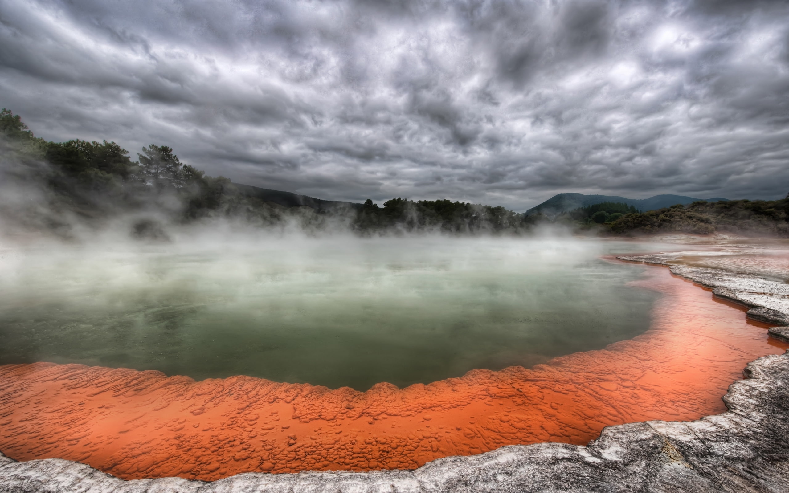Hot, 2K, lava, lake, volcano, trees, couples, fog, source, clouds, HD Wallpaper