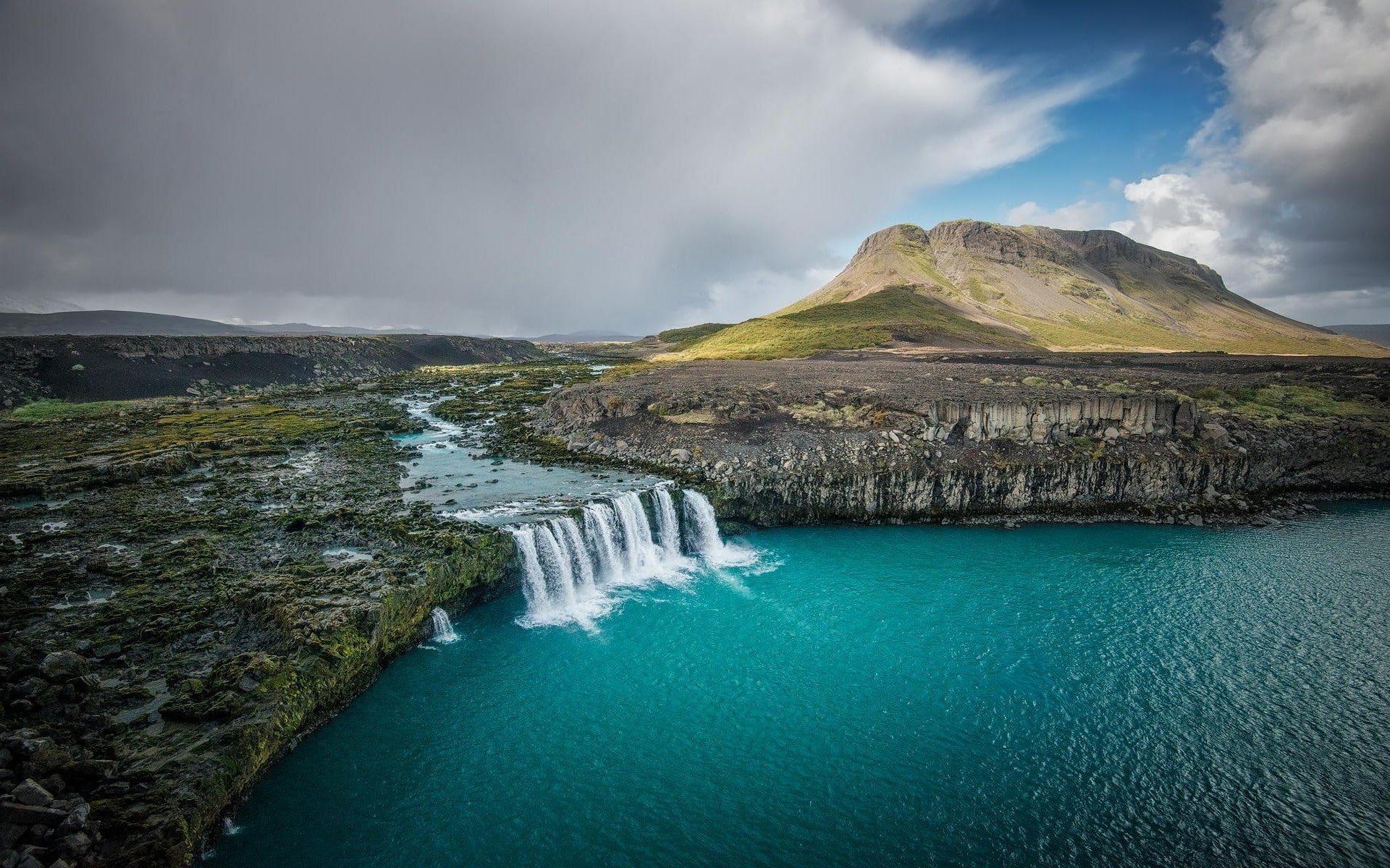 lake, sky, lagoon, cloud - sky, island, landscape, Iceland, scenics - nature, turquoise colored, water, field, Lava, waterfall, 1080P, outdoors, flowing, HD Wallpaper