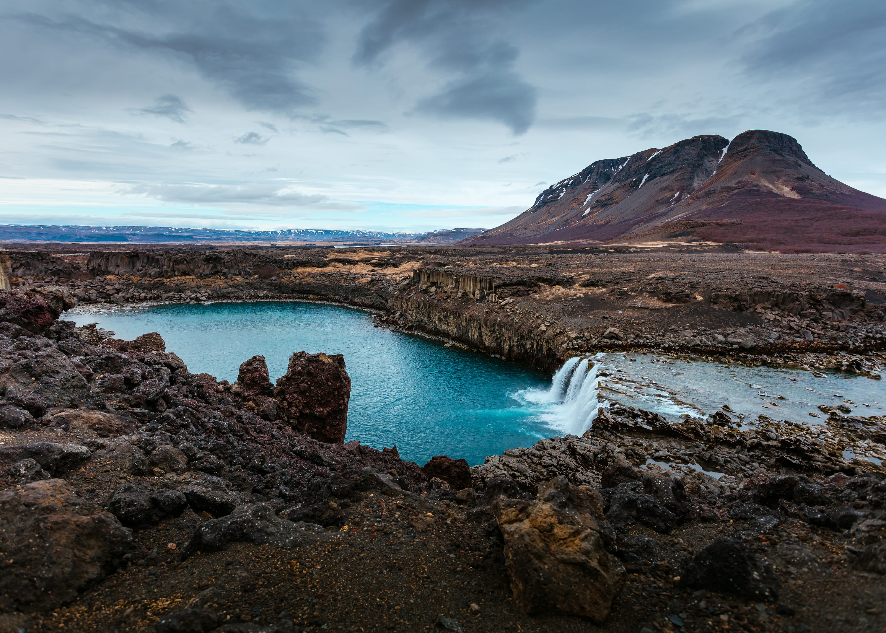 no people, ocean, sky, cloud - sky, 2K, waterfall, desolate, clouds, outdoors, field, volcano, blue, idyllic, lava, rock, tranquility, volcanic Crater, HD Wallpaper