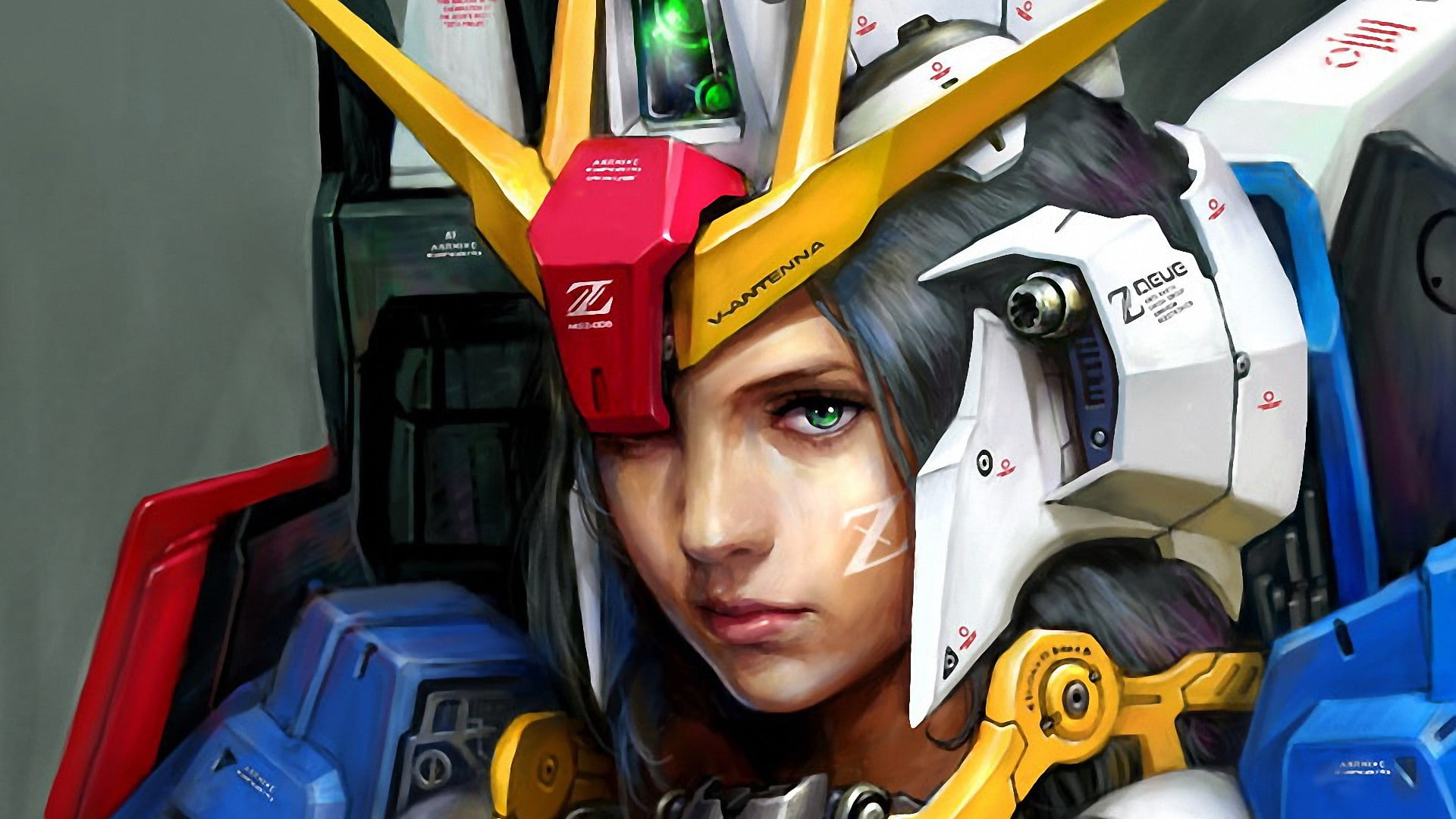women, mech, mobile, 1080P, gundam, hd, people, green, art, x, artwork, zeta, eyes, suit, HD Wallpaper