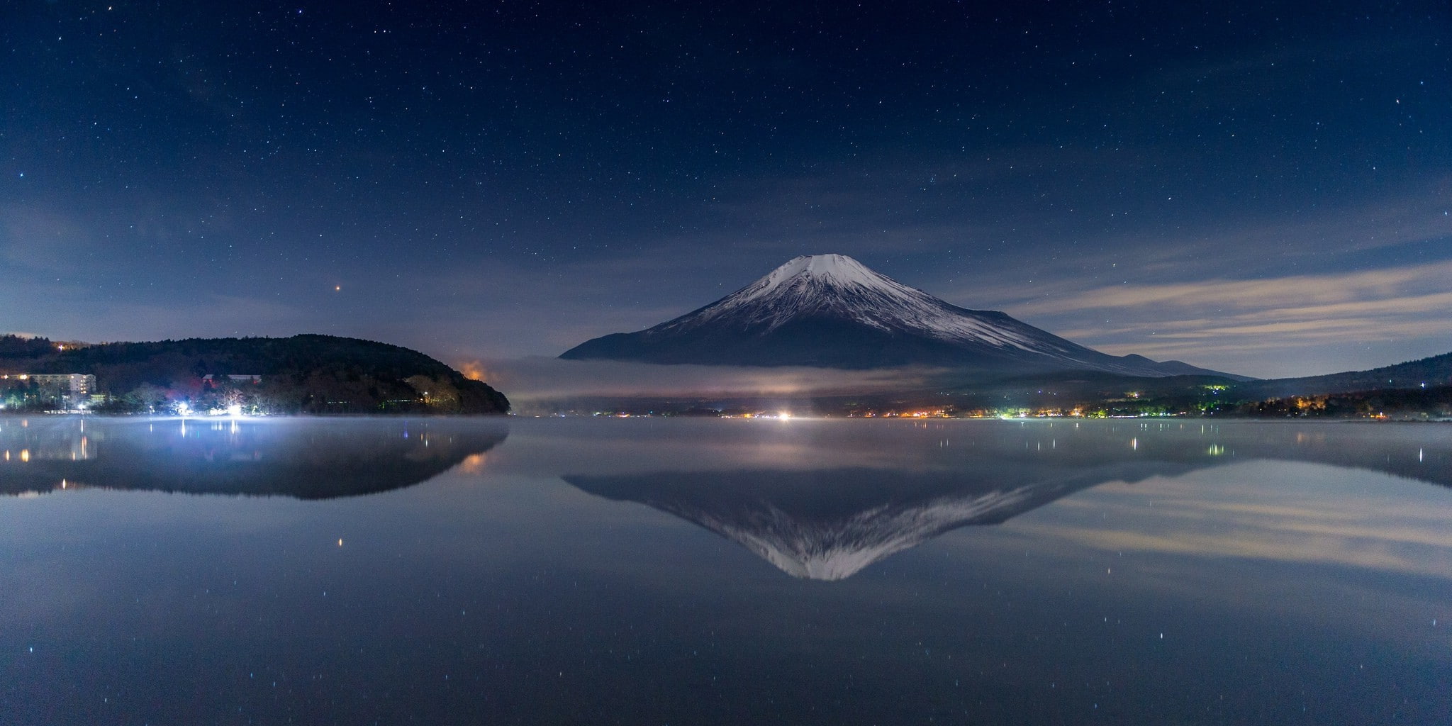scenics - nature, sky, mountain peak, outdoors, night, water, snow, lake, nature photography landscape starry night volcano snowy peak lights reflection lake mist mount fuji japan, HD Wallpaper