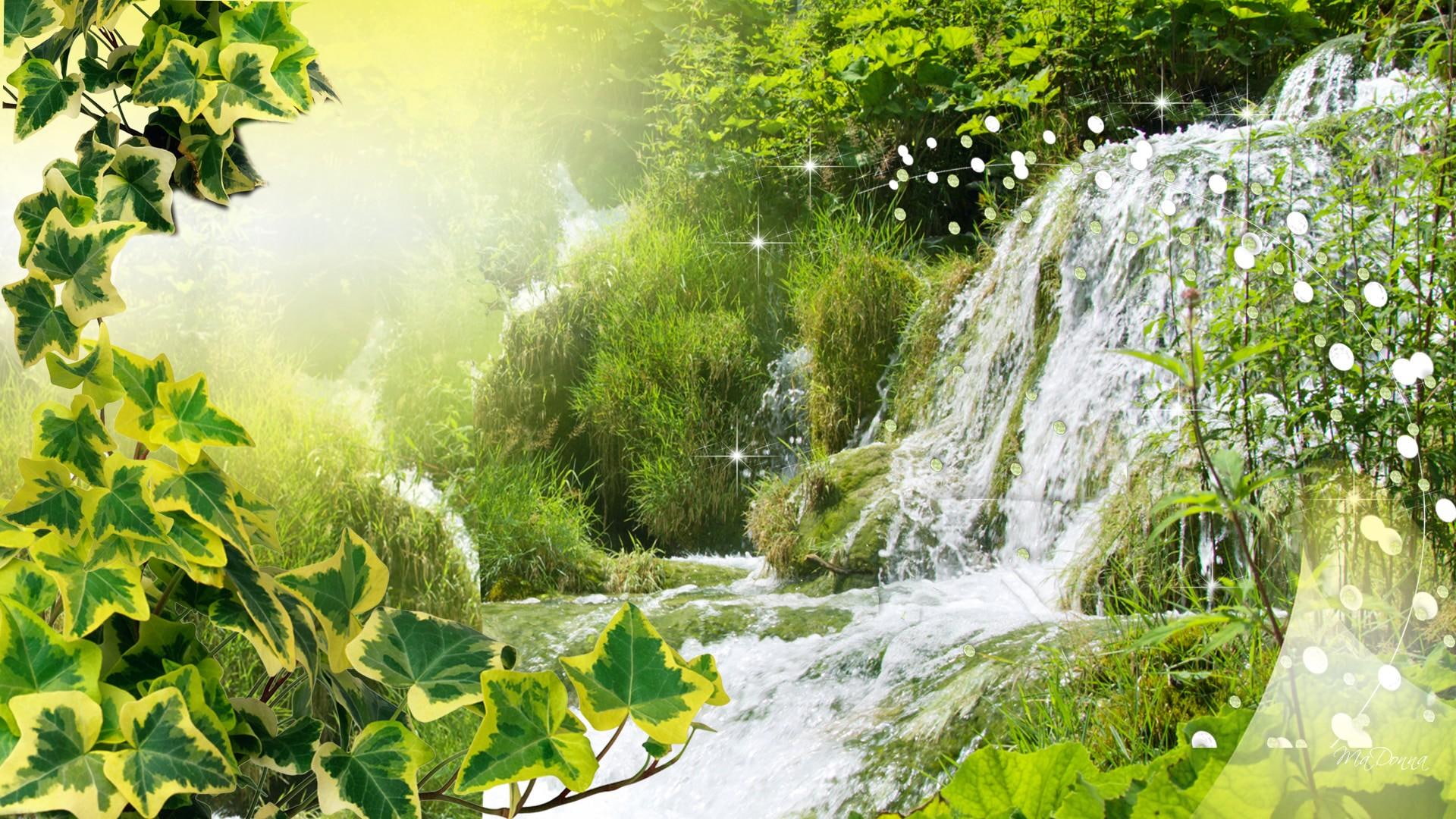 nature and lan, morning, falls, light, spring, 1080P, waterfalls, sunlight, trees, water drops, summer, sunshine, HD Wallpaper