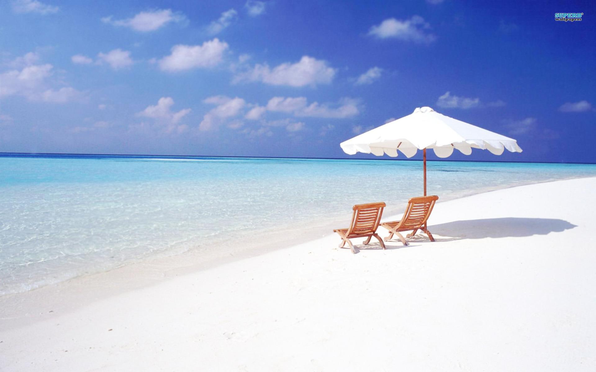 beach, chairs, paradise, maldives, shore, ocean, nature, nature and lan, sitting, 1080P, clouds, white sand, shade, HD Wallpaper