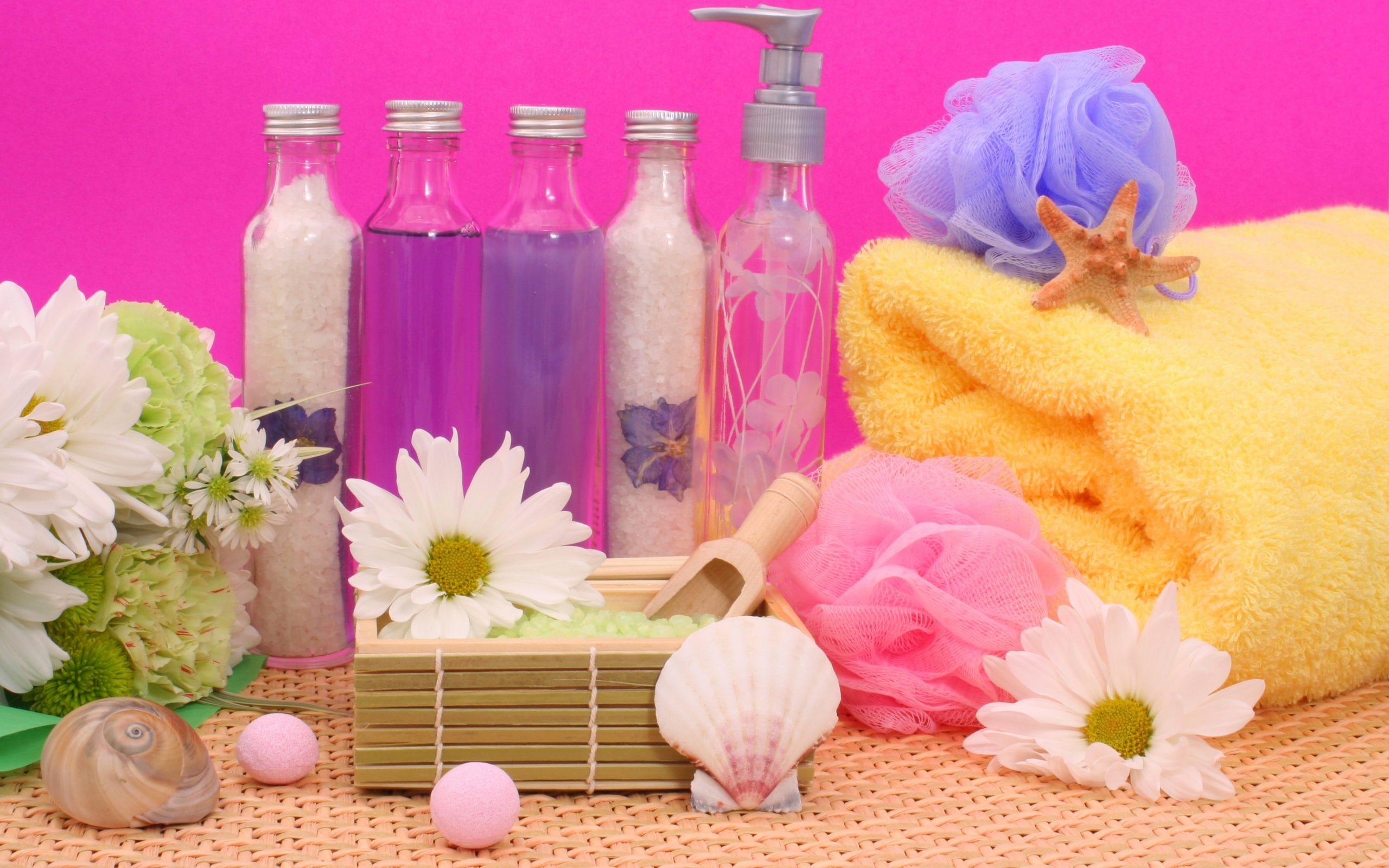 salt, bottle, 2K, stones, washcloths, Spa, bottles, sink, crystals, flowers, Tender spirit, shell, wisp, towel, rocks, HD Wallpaper