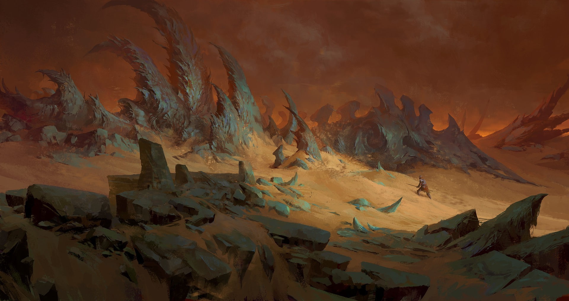 Kevin Hou, warrior, Desert, fantasy Art, 1080P, knight, rock, Knights, artwork, HD Wallpaper