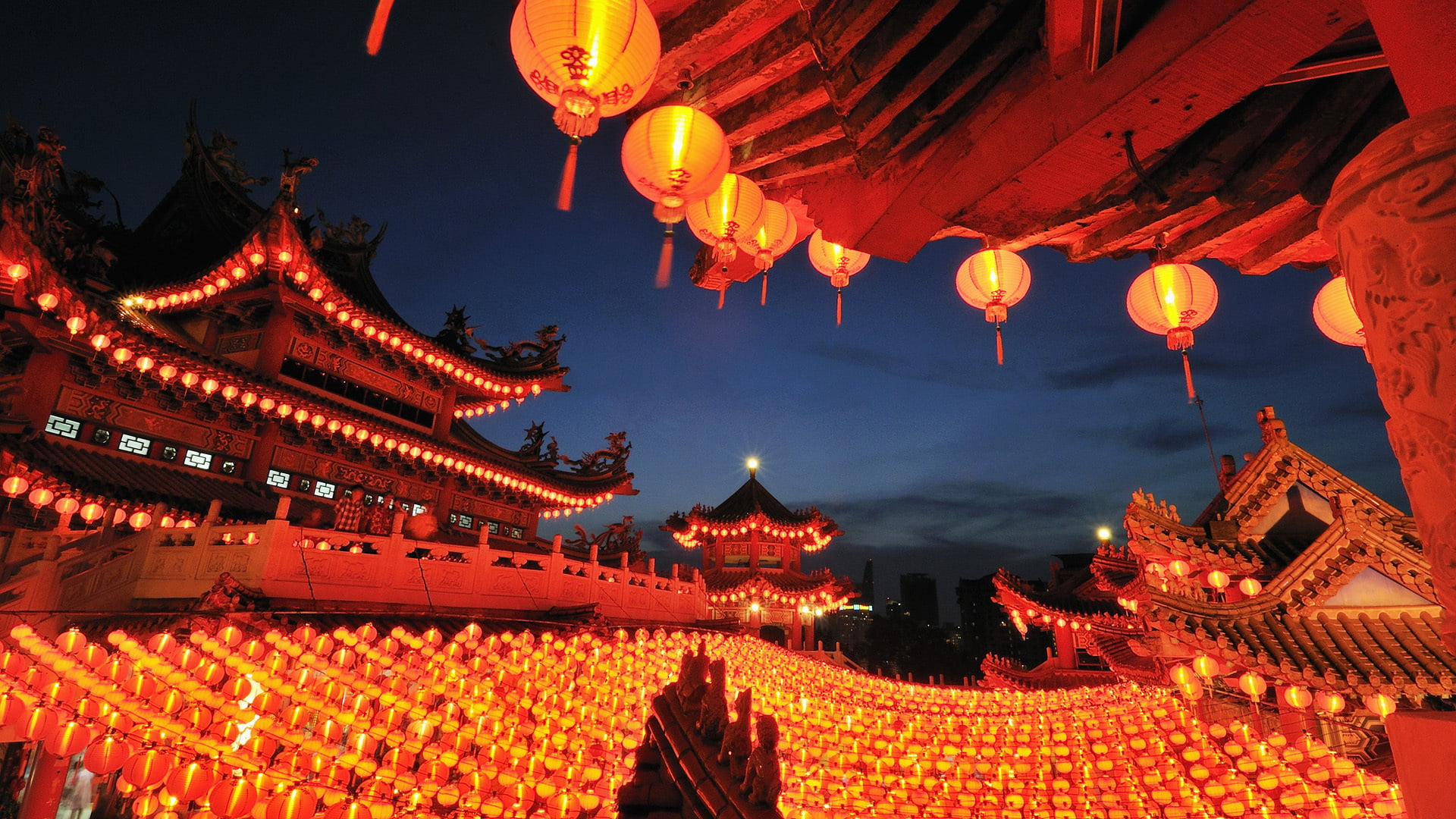 lantern, 1080P, built structure, religion, red, lanterns, place of worship, celebration, building exterior, Kuala Lumpur, chinese lantern, architecture, HD Wallpaper