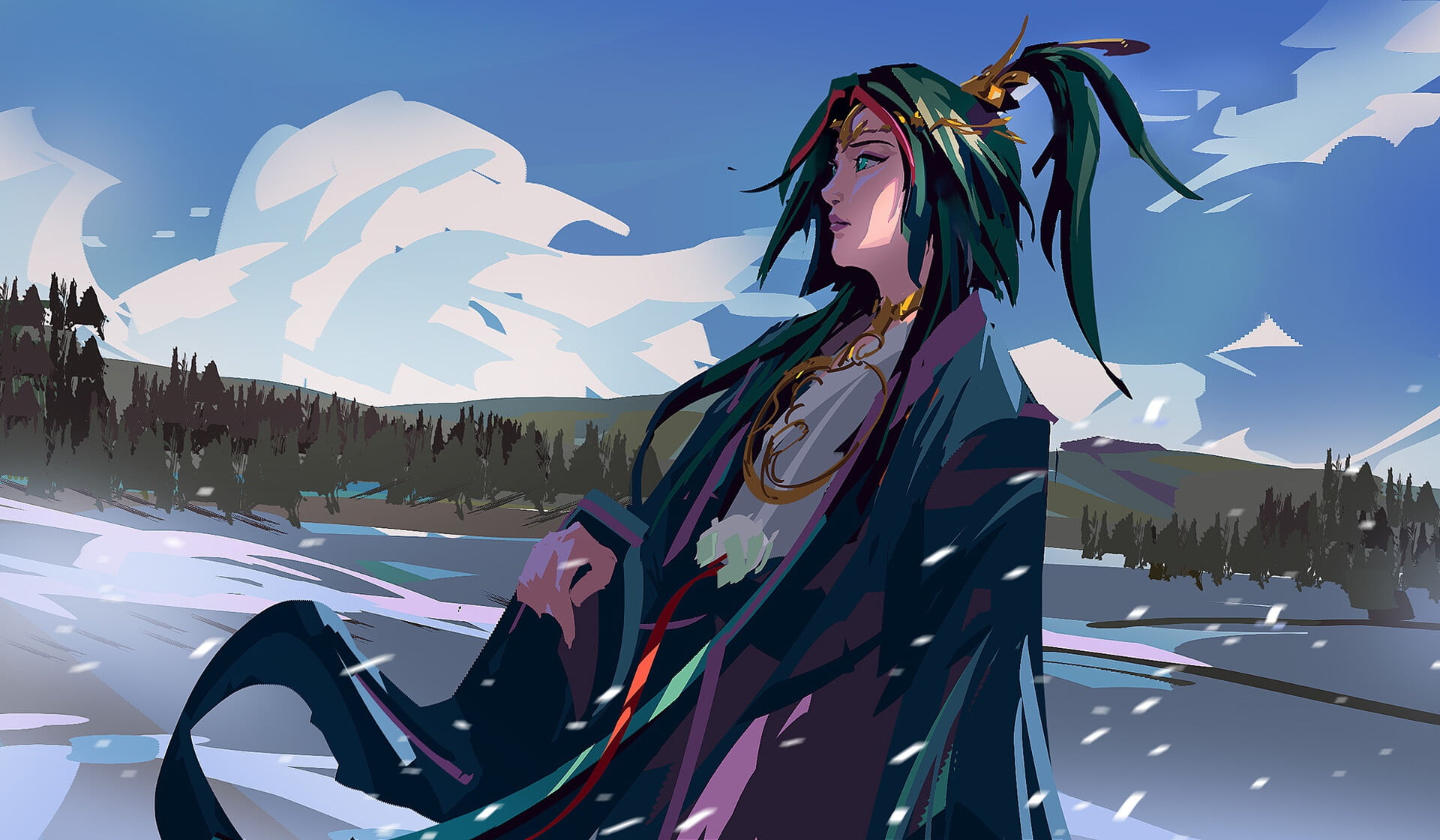 decoration, snowy field, snow, blue sky, amulets, by Kevin Hou, wooded hills, 1080P, Japanese clothing, priestess, winter, long hair, HD Wallpaper