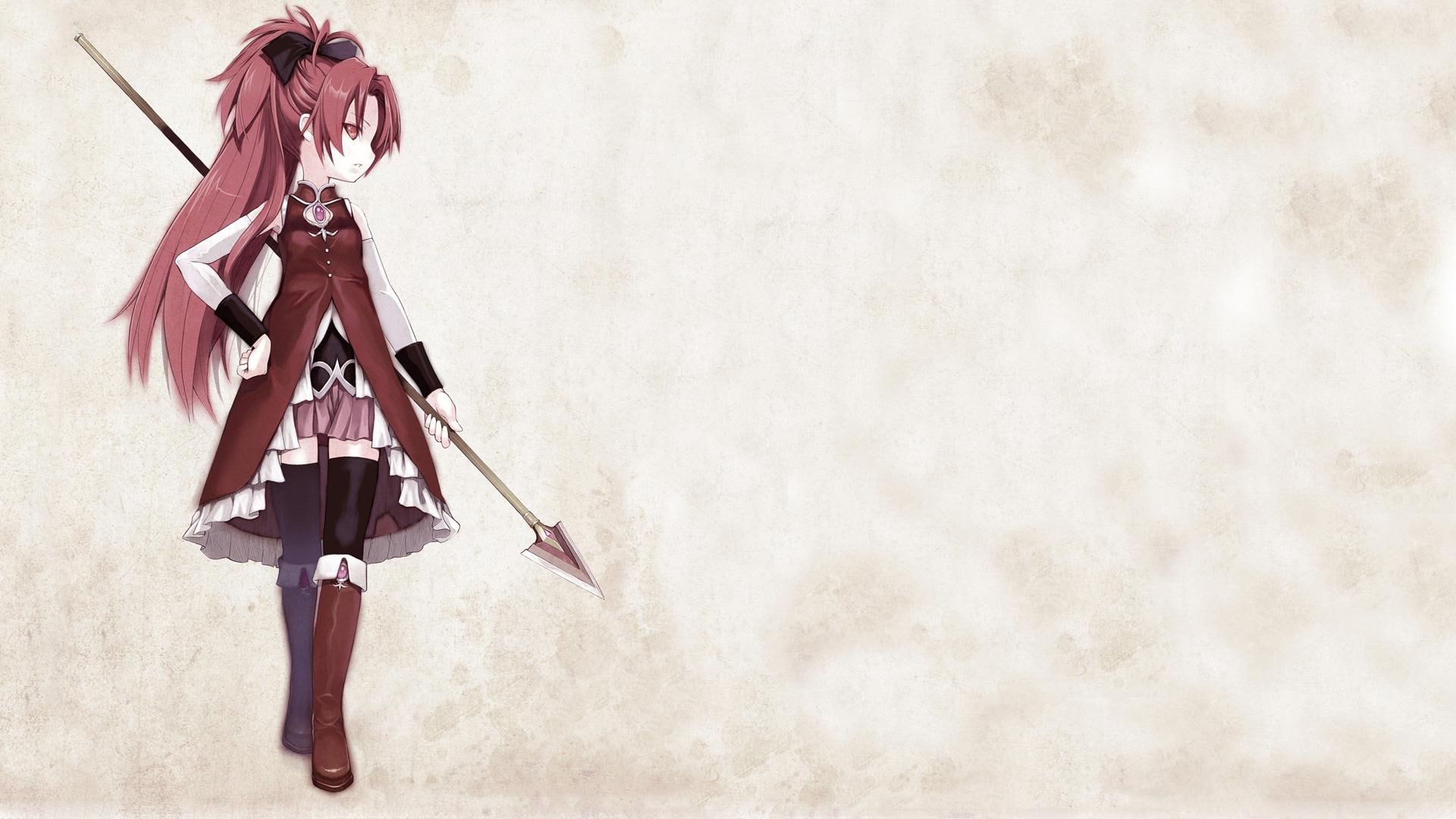 sakura, hair, 1080P, kyoko, holding, 1920x1080, magica, puella, kyoko sakura, anime, madoka, magi, character, pink, puella magi madoka magica, spear, HD Wallpaper