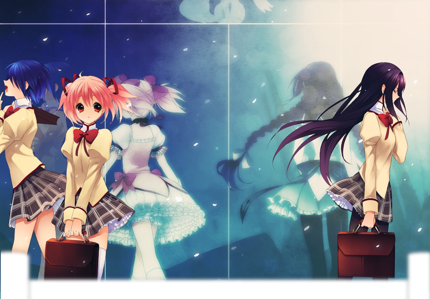 school, 720P, akemi, magica, Mahou Shoujo Madoka Magica, people, hd, hair, kaname, miki, shoujo, mahou, art, girls, school uniforms, sayaka, homura, uniforms, HD Wallpaper