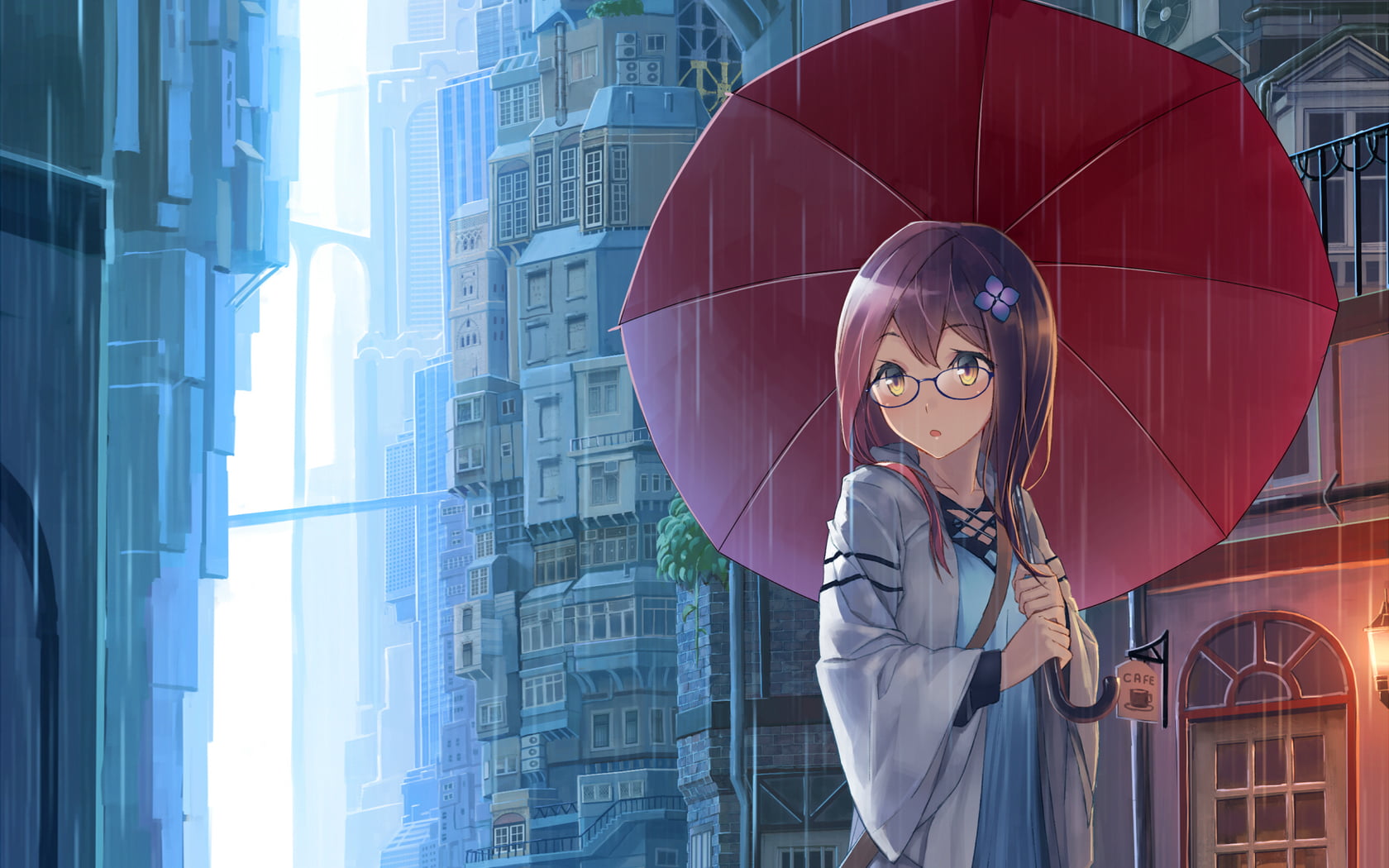 city, lifestyles, girl, standing, haired, young women, wireless technology, umbrella, anime, women, brown, glasses, umbrellas, character, building, Anime / Animated, HD Wallpaper