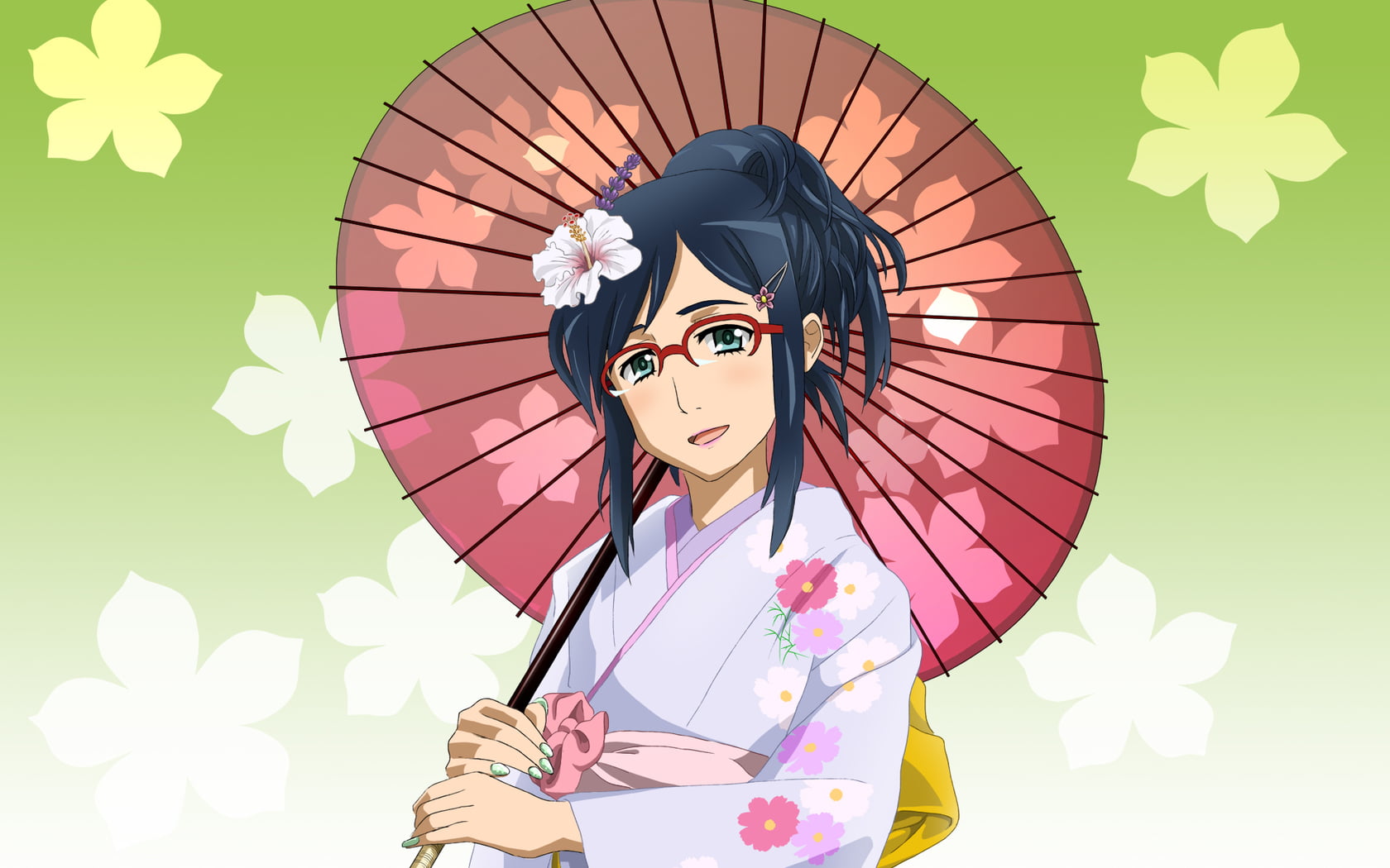 nature, kimono, young adult, studio shot, smiling, front view, girl, holding, text, 720P, illuminated, pattern, female, smile, Anime / Animated, HD Wallpaper