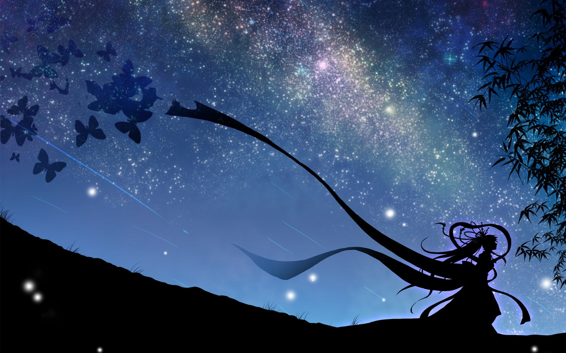 plant, star, sky, girl, 1080P, summer, cartoon, moon, beauty in nature, low angle view, element, scenics - nature, wal, starry, astronomy, tranquil scene, HD Wallpaper