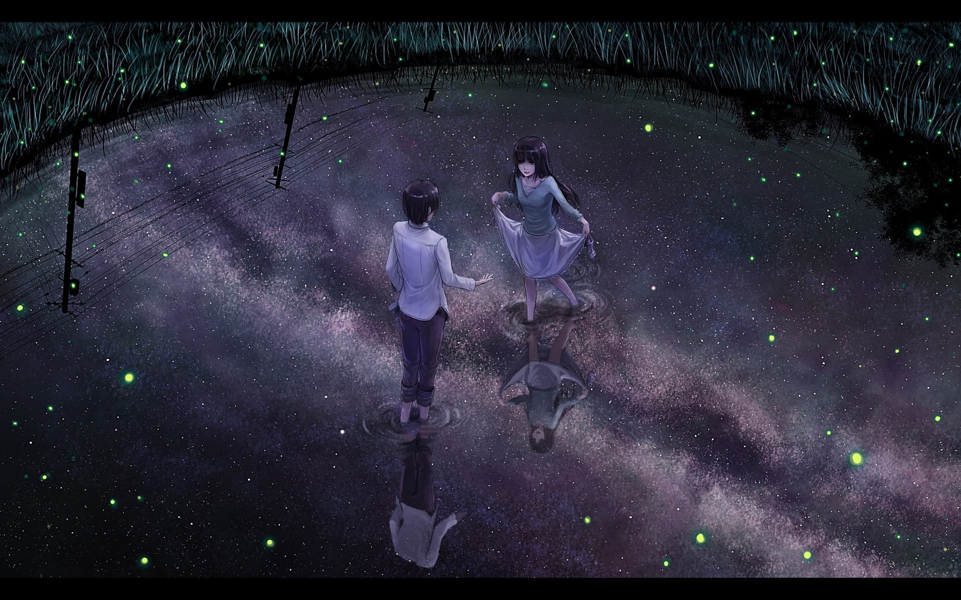 bonding, fireflies, full length, lifestyles, night, lake, men, rear view, cartoon, characters, auto post production filter, male, summer, 1080P, female, HD Wallpaper