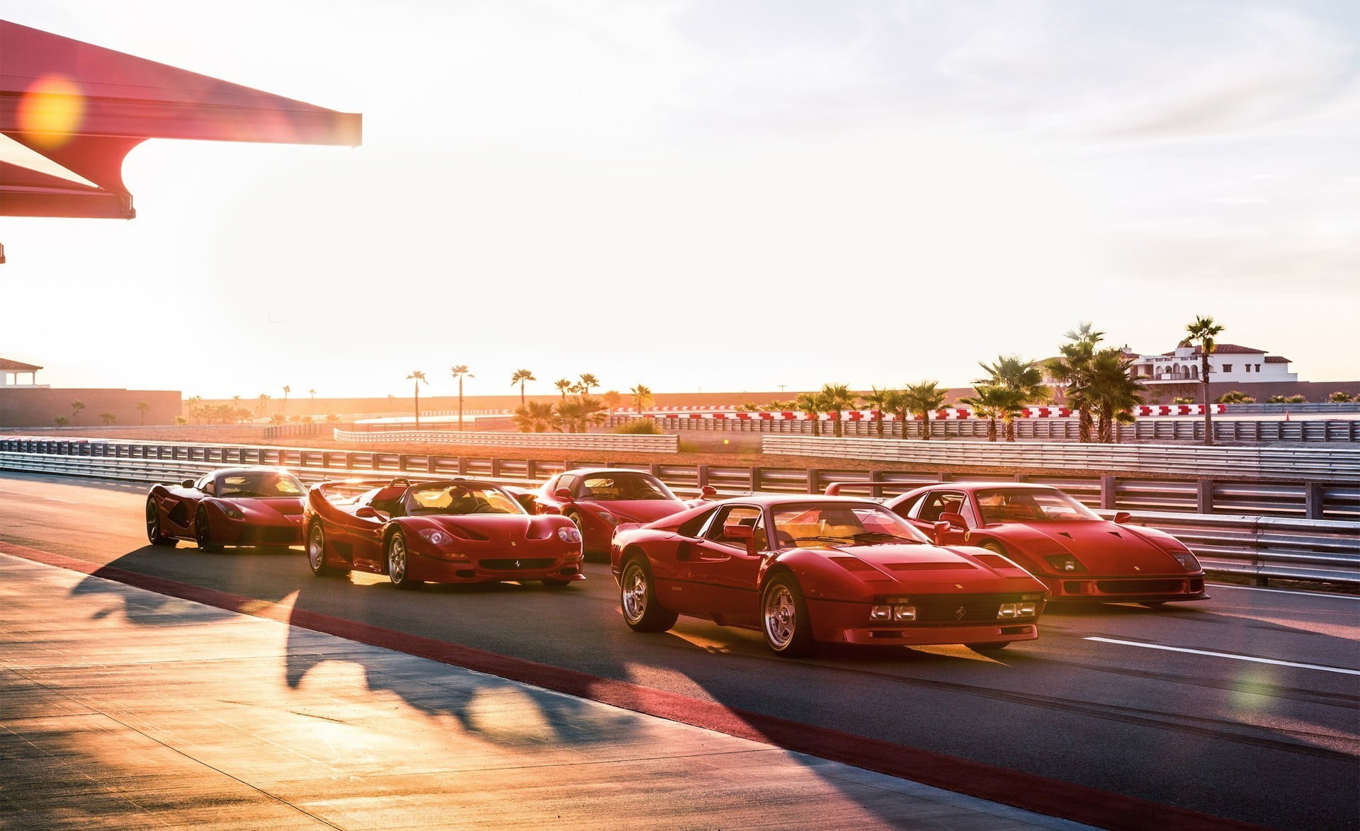 1080P, transportation, motor vehicle, sky, tree, nature, red cars, street, lens flare, land vehicle, road, vehicle, Ferrari, sun, sunset, day, mode of transportation, HD Wallpaper