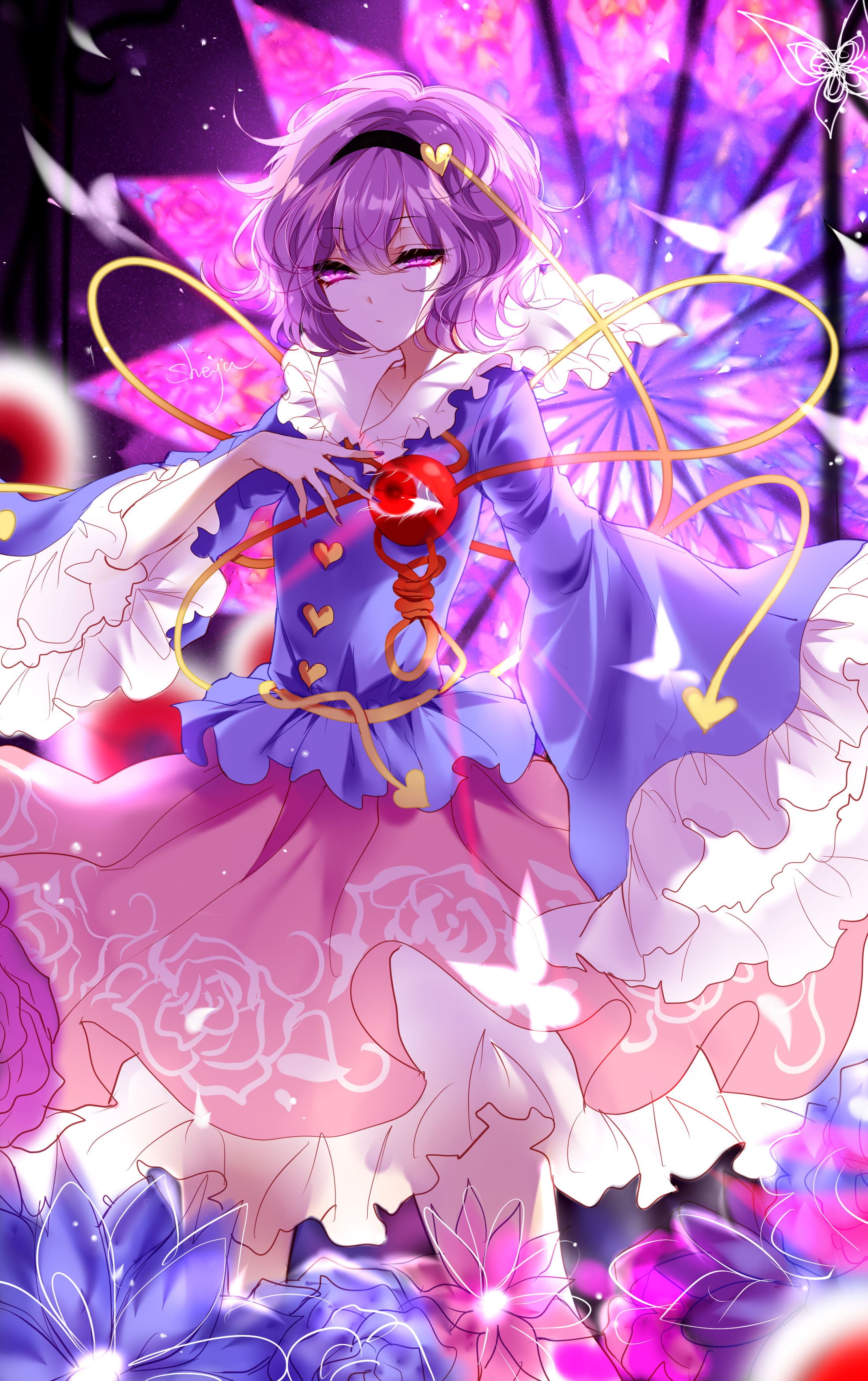 purple hair, sheya, anime girls, dress, looking at viewer, short hair, Komeiji Satori, anime, 2K, purple eyes, Touhou, Phone HD Wallpaper