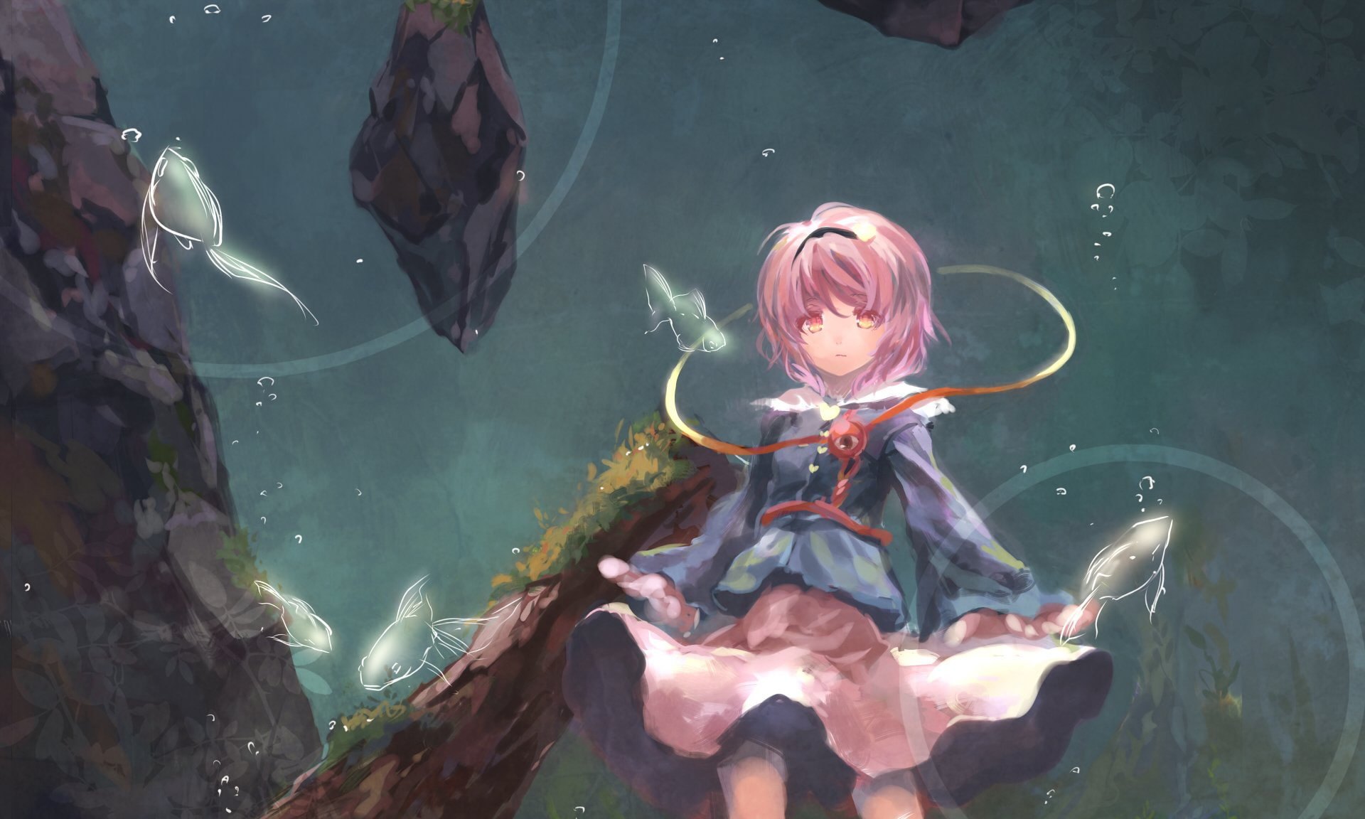 Pink Hair, Fish, 1080P, Short Hair, Skirt, Anime, Yellow Eyes, Touhou, Rock, Satori Komeiji, HD Wallpaper