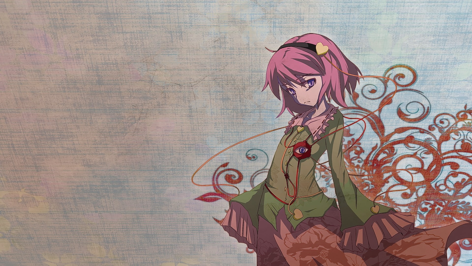young adult, females, mural, pattern, looking at viewer, wall, creativity, short hair, multi colored, Komeiji Satori, anime, lifestyles, real people, hair ornament, HD Wallpaper