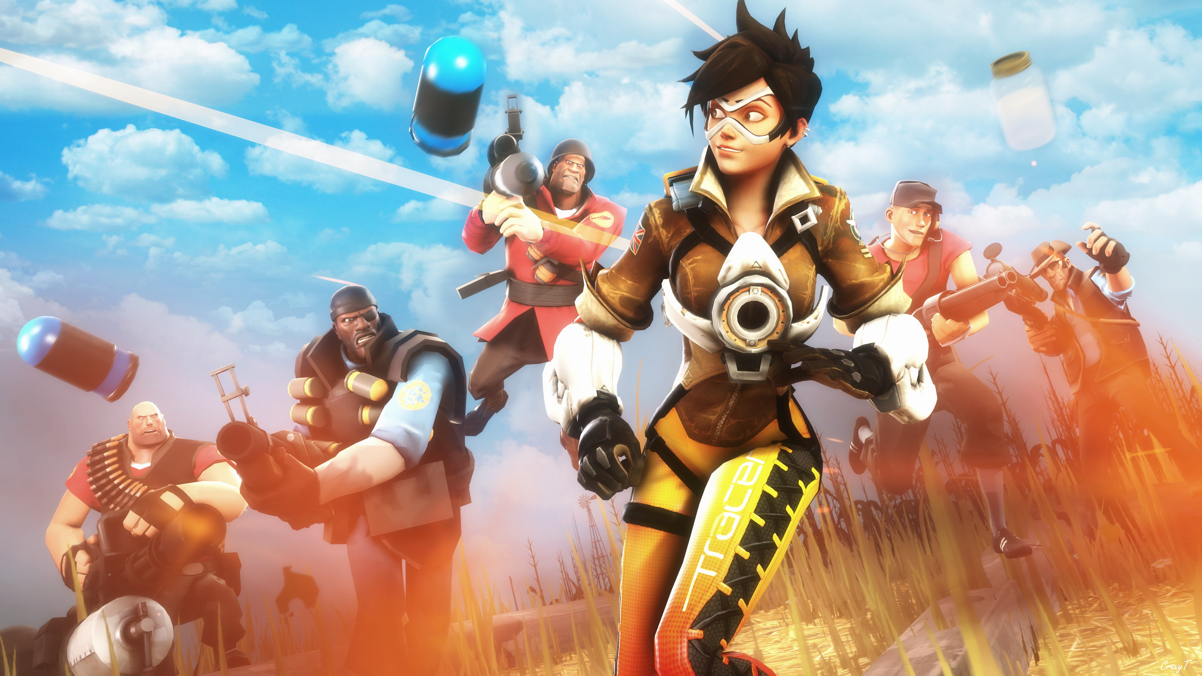 4K, Heavy, Sniper, team fortress 2, overwatch, Scout, Soldier, Demoman, tracer, HD Wallpaper