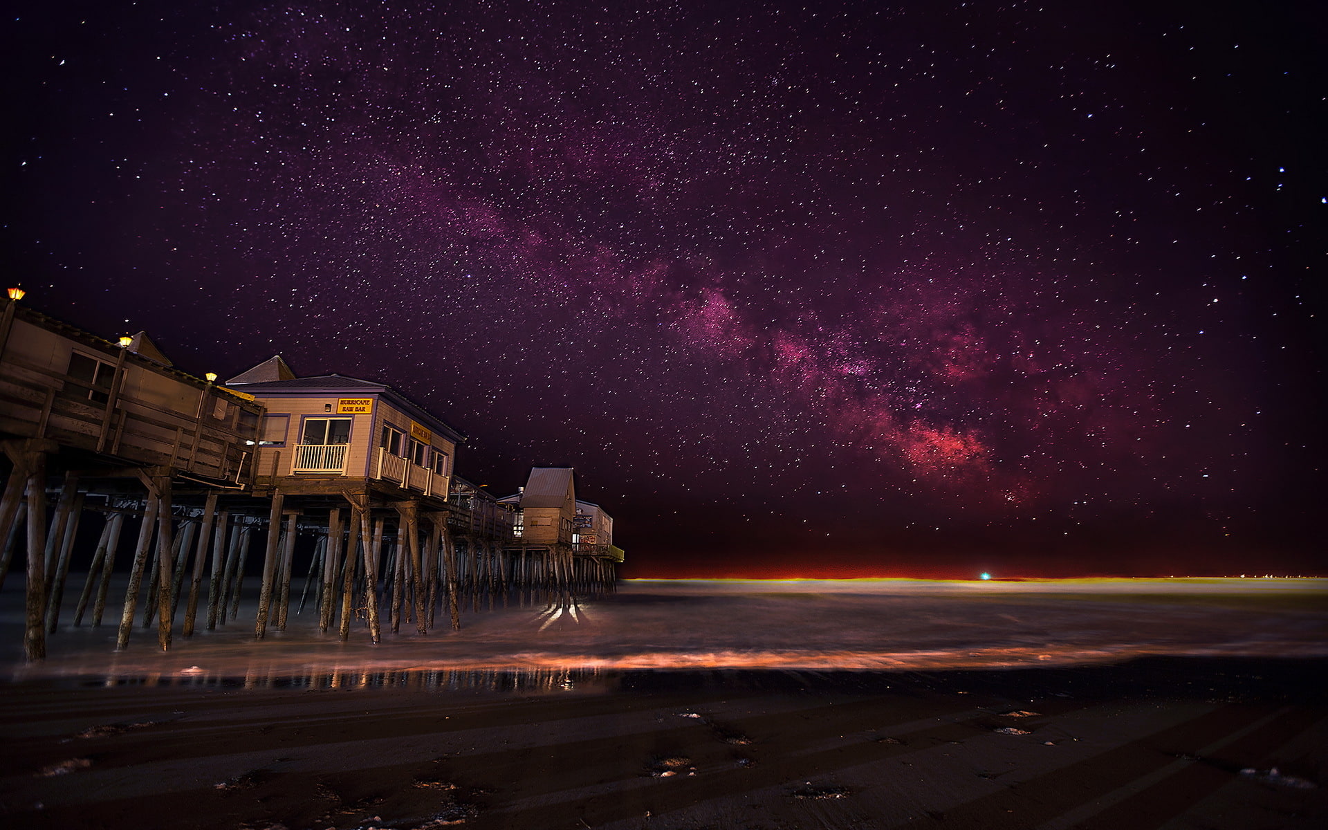 bridge, Old Orchard Beach, Maine, United States, night, 1080P, sea, HD Wallpaper