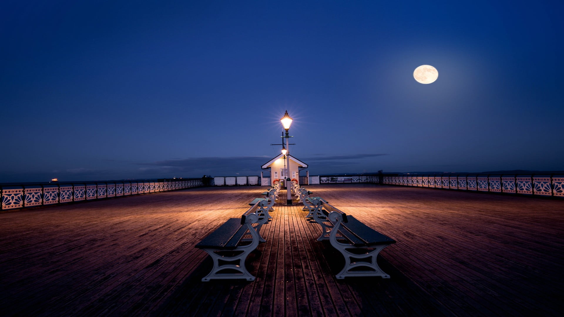 outdoors, beach, full, sand, dusk, water, horizon over water, moon, outdoor, wooden, illuminated, city, sky, night, travel destinations, nature, sea, bench, HD Wallpaper
