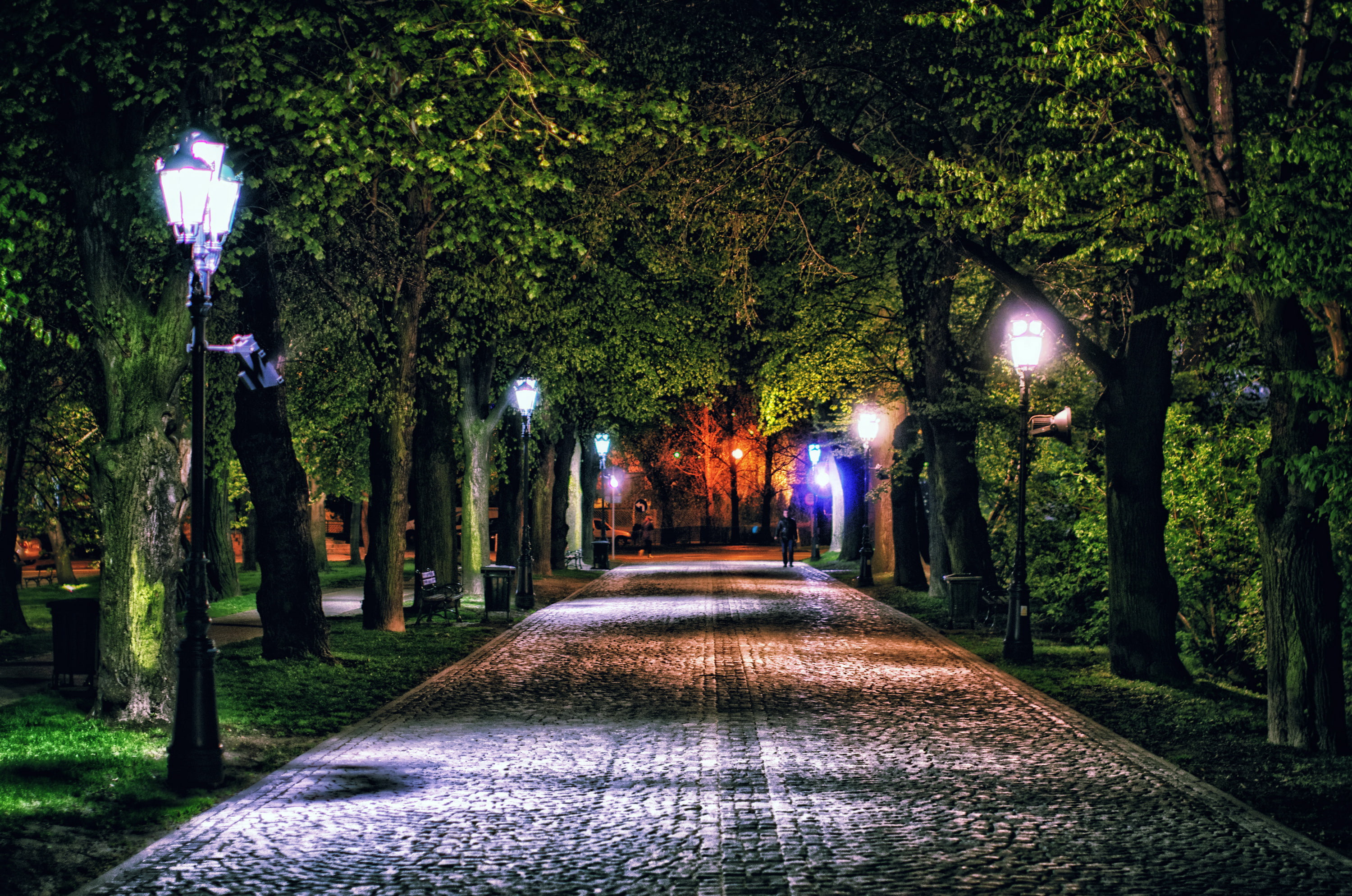 diminishing perspective, black, light - Natural Phenomenon, dark, growth, lamp, famous Place, outdoors, architecture, europe, cityscape, track, long, footpath, HD Wallpaper