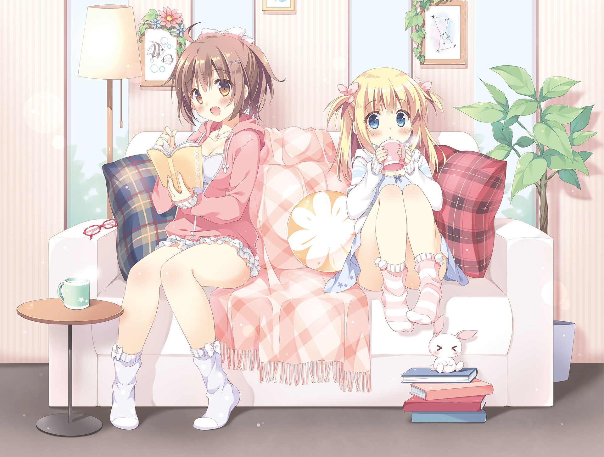Stuffed Animal, Anime, Cup, Blonde, Glasses, Table, Dress, Brown Hair, Book, Short Hair, 1080P, Girl, Blue Eyes, Blush, Couch, Socks, Original, HD Wallpaper