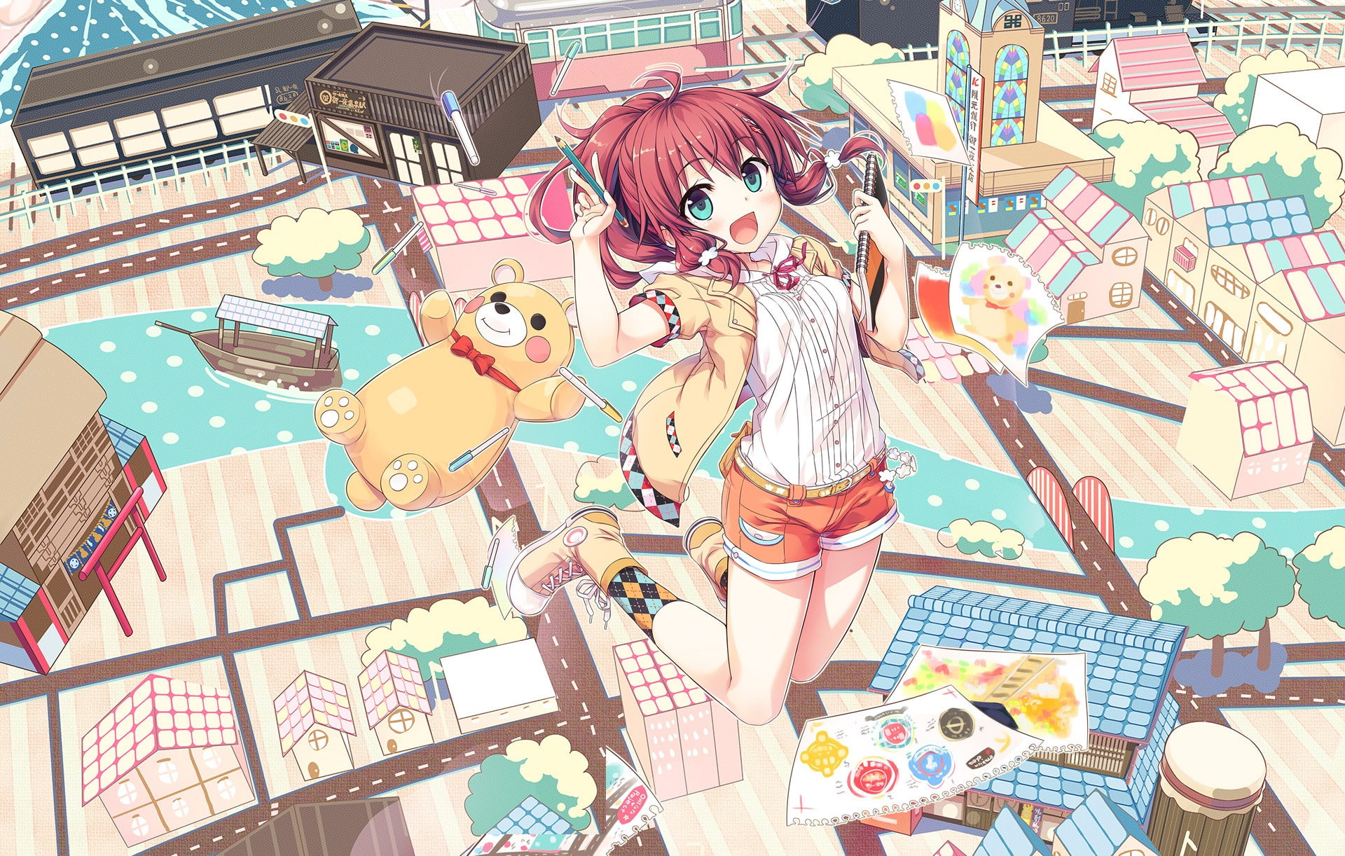 anime, green eyes, 1080P, redhead, stuffed animal, jacket, shorts, open mouth, socks, anime girls, shoes, smiling, HD Wallpaper