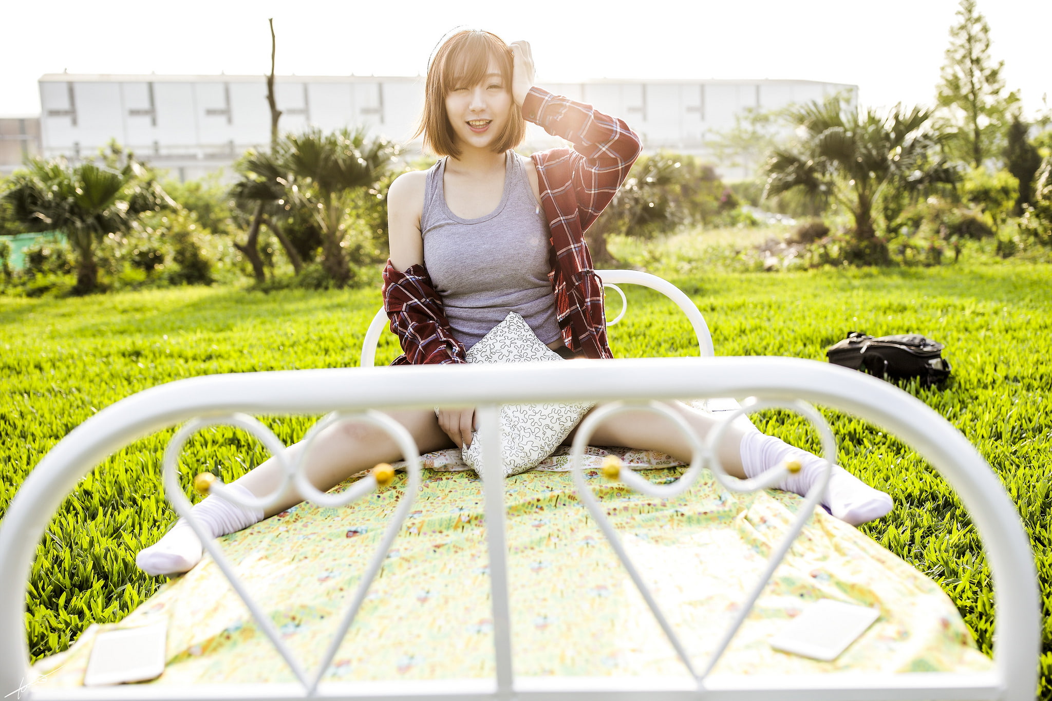 1080P, open shirt, tank top, Asian, model, short hair, sitting, smiling, women outdoors, women, socks, looking at viewer, hands on head, in bed, brunette, HD Wallpaper