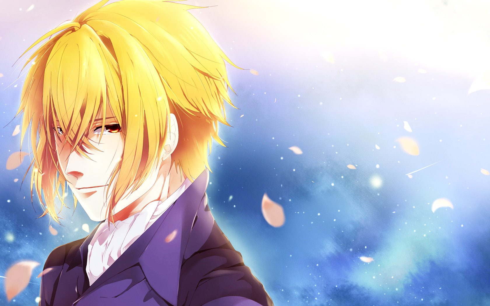 blue, short, cool, petals, blood, hair, record, pale, demons, cherry, guy, sakura, 720P, HD Wallpaper