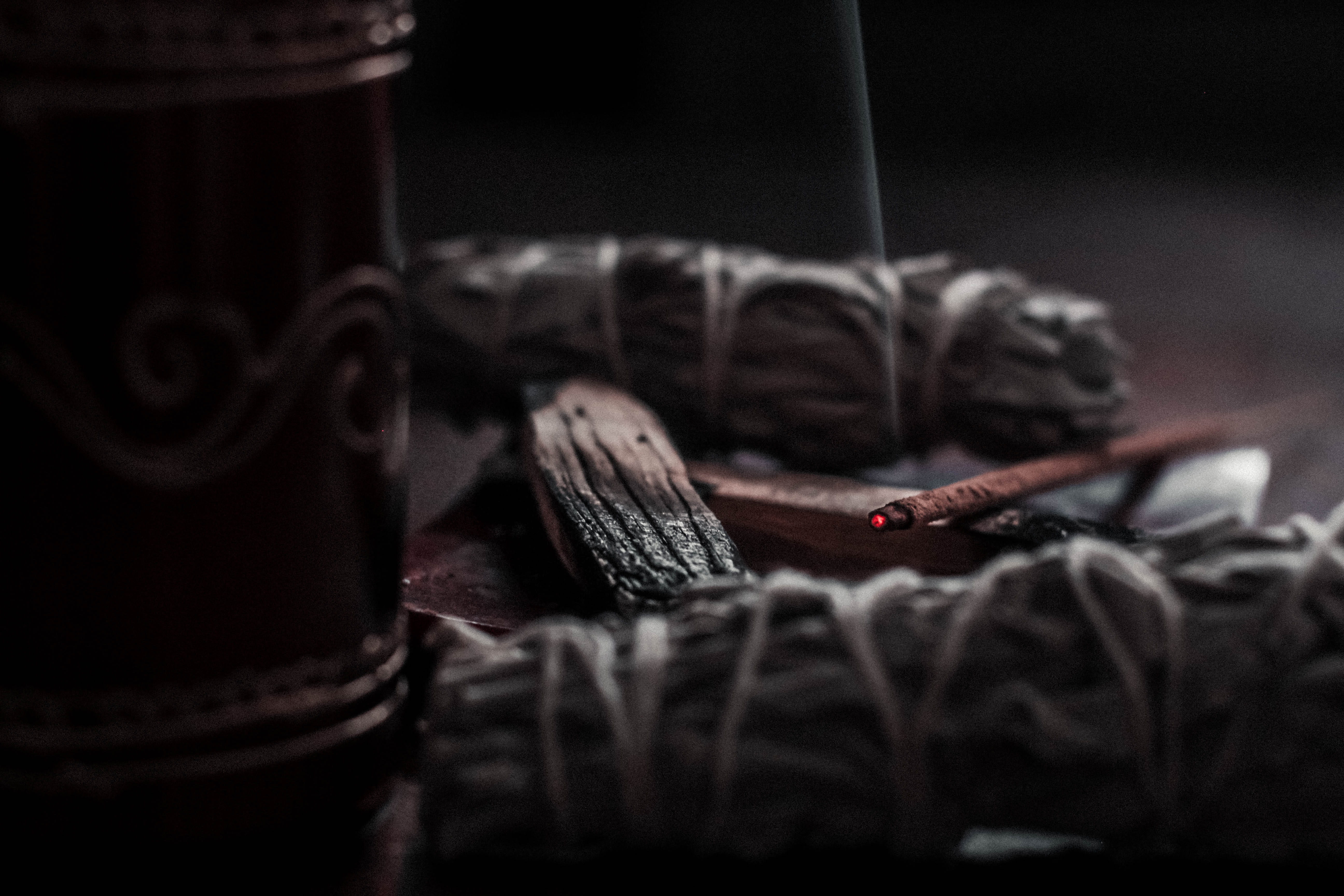 black color, dark, food and drink, ball of wool, ashtray, material, string, close-up, joint, no people, art and craft, selective focus, thread, 5K, wool, HD Wallpaper