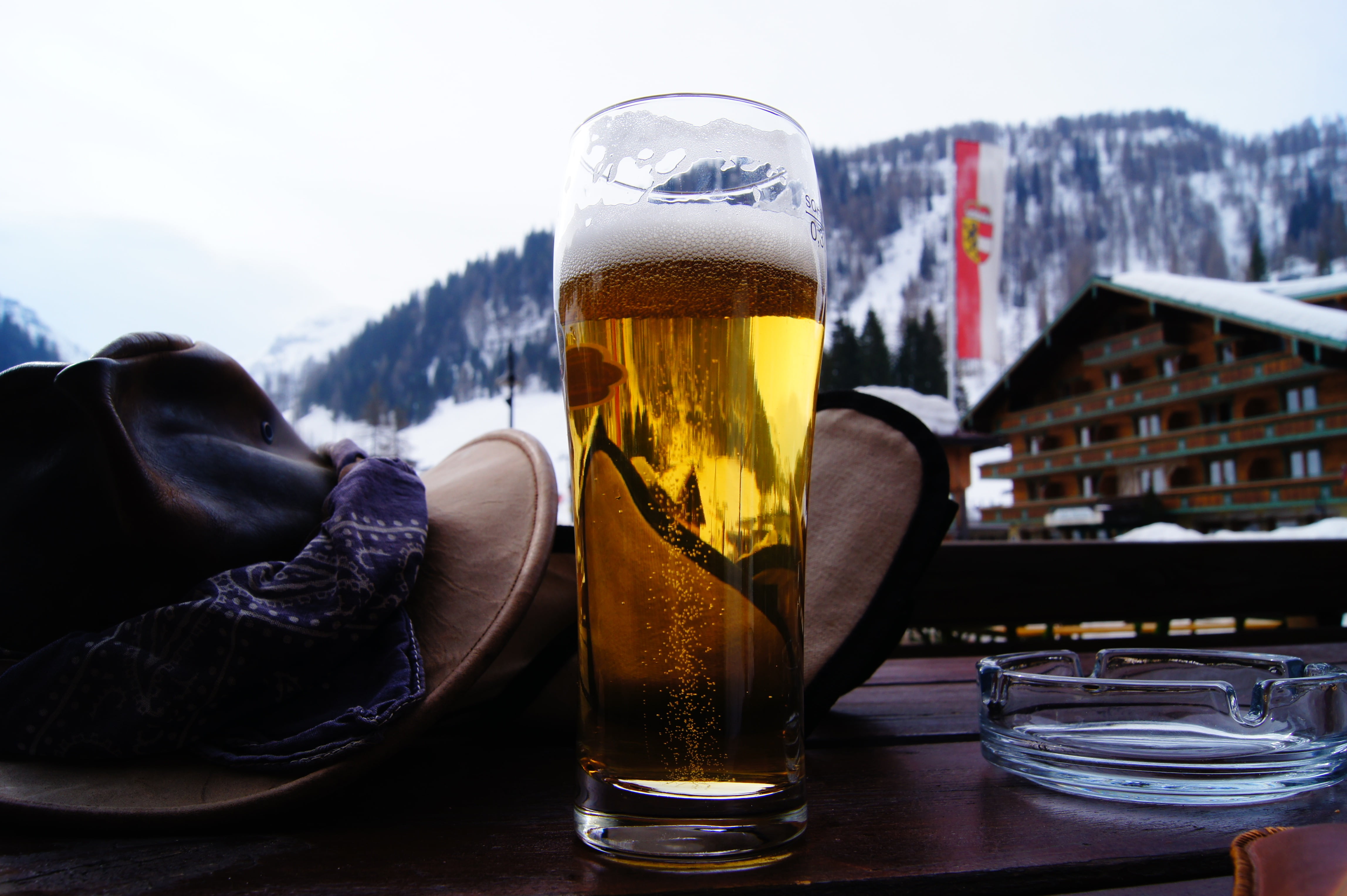 holiday, hat, focus on foreground, pint glass, freshness, still life, drink, refreshment, alcohol, cold temperature, close-up, mountains, food and drink, HD Wallpaper
