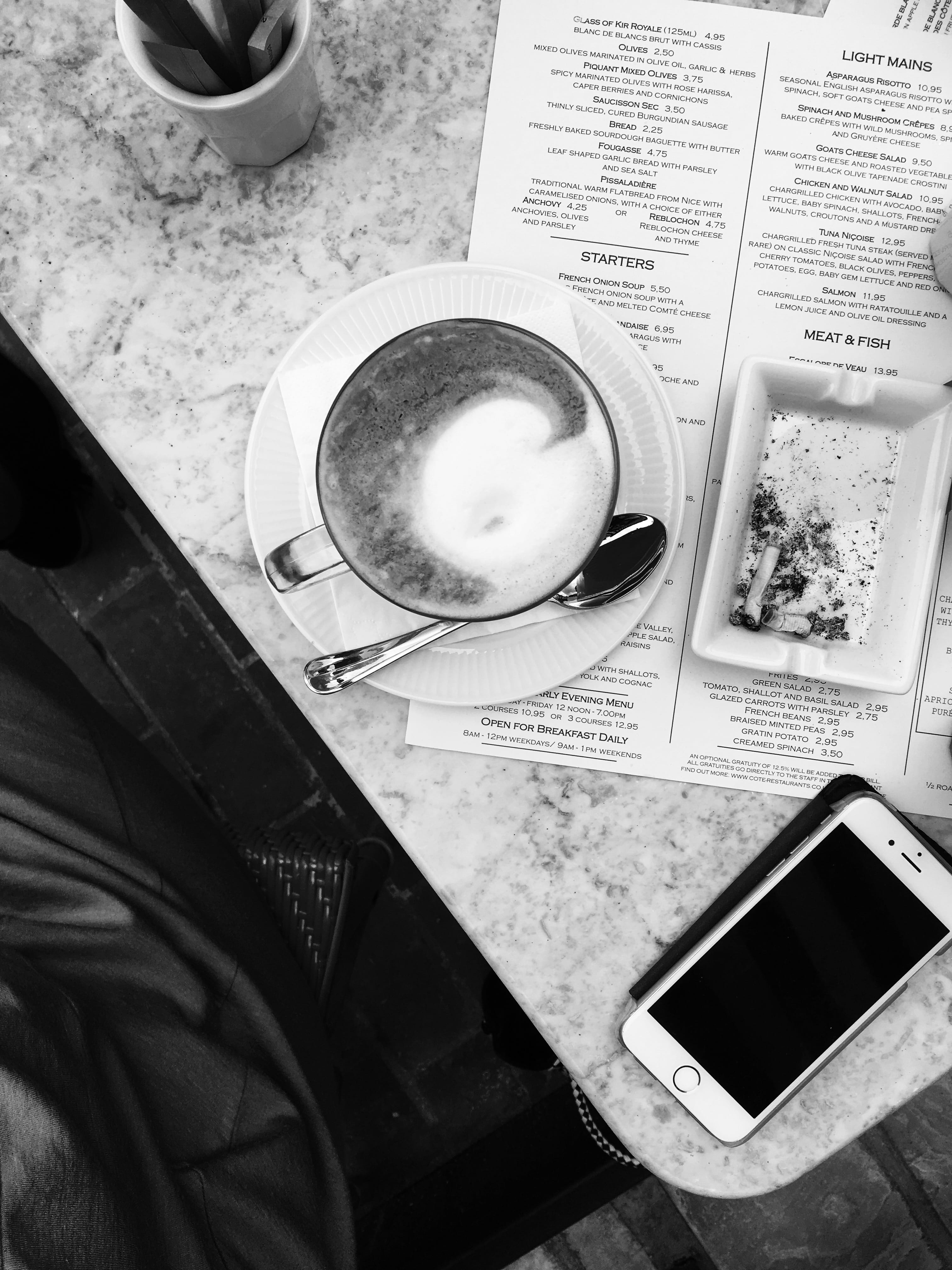 still life, dark, nicotine, saucer, spoon, technology, ashtray, wireless technology, iphone, connection, high angle view, communication, black-and-white, Phone HD Wallpaper
