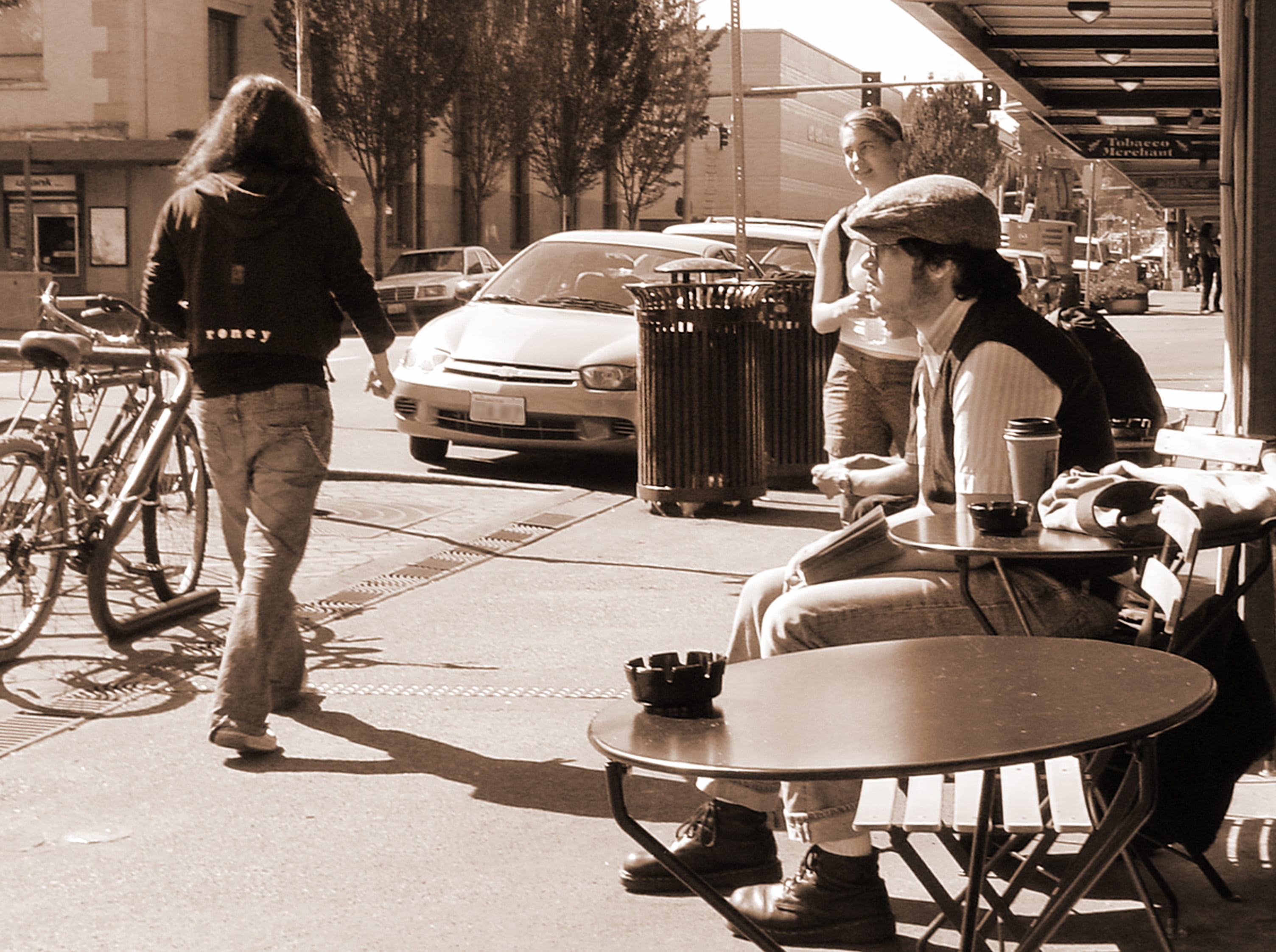 building exterior, women, transportation, long, land vehicle, casual clothing, man, white, sepia, black, cars, tables, wooden, city life, real people, men, HD Wallpaper