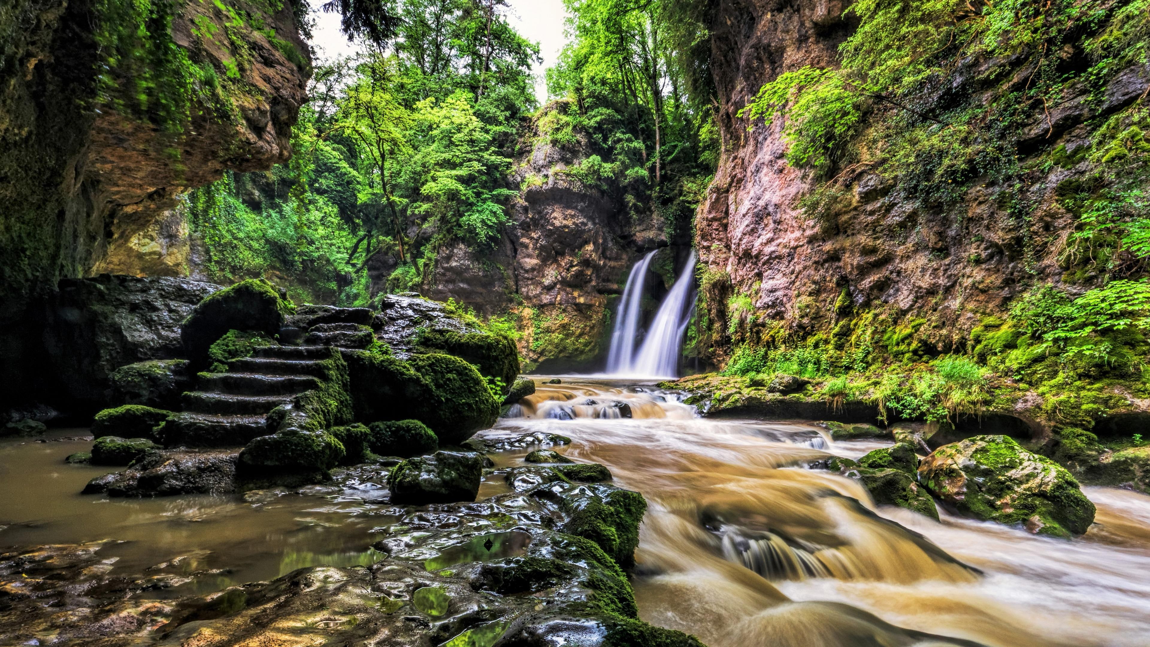 dreamy, stream, nature, veyron, beautiful, rocky, canyon, 4K, waterfall, tine de conflens, tree, landscape, body of water, stairs, la sarraz, water, venoge, HD Wallpaper